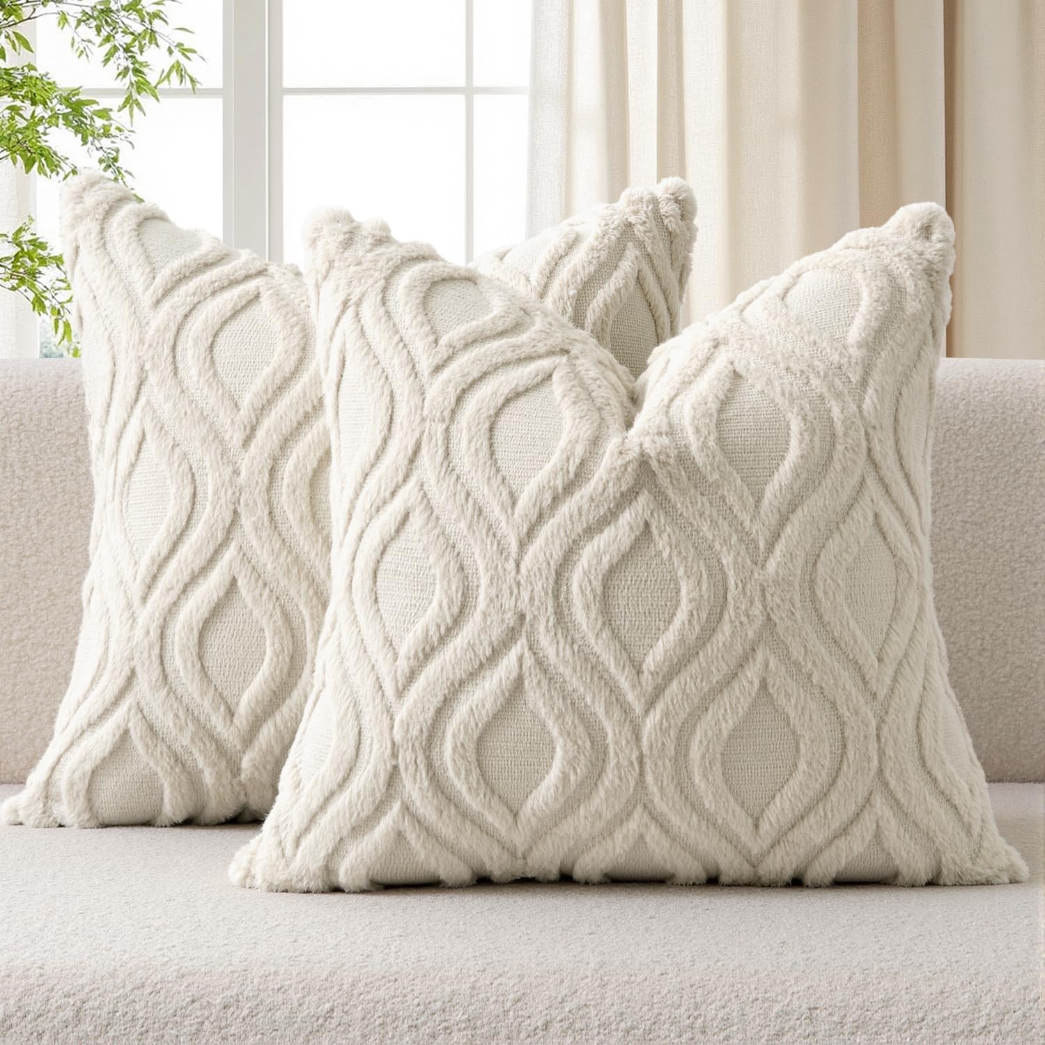 MIULEE Beige Throw Pillow Covers 18×18 Inch, Neutral Soft Plush Faux Wool Solid Couch Pillows Set of 2, Decorative Farmhouse Boho Cushion Covers for Sofa Living Room Bed Home Decor