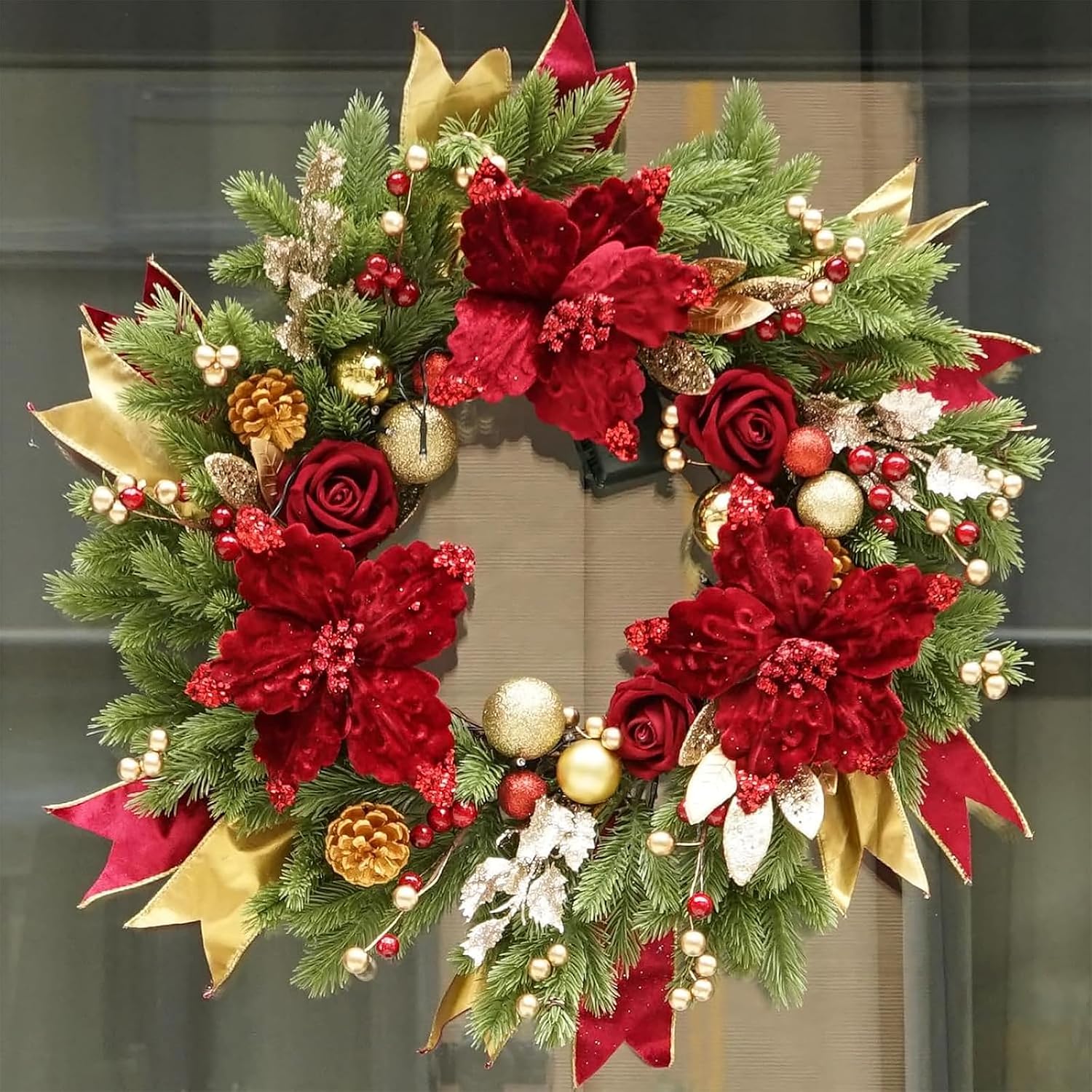Christmas Wreaths for Front Door, Soomeir 24 Inch Outdoor Christmas Wreath with Lights, Large Prelit Wreath for Holiday Winter Window Outdoor Indoor Xmas