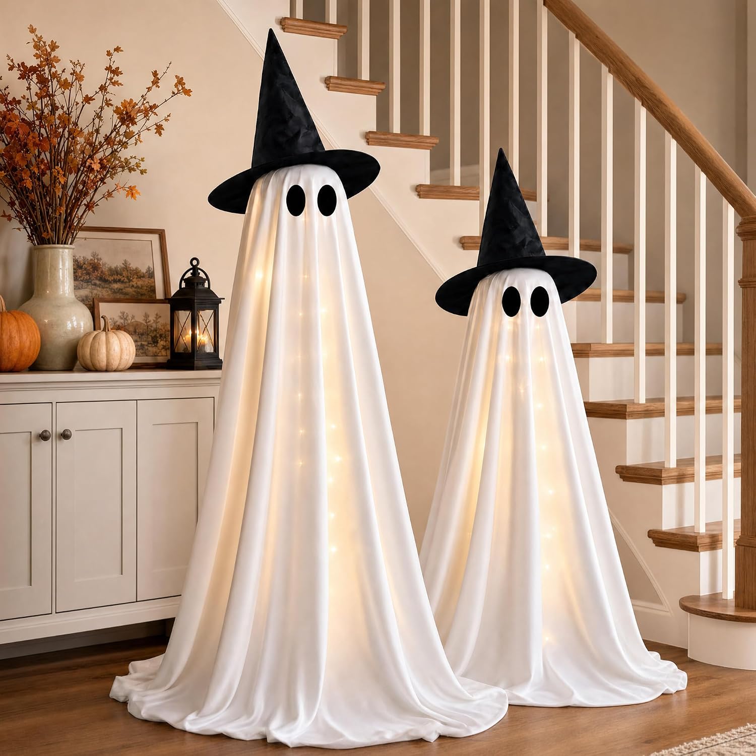 Halloween Decorations Indoor – 2 Pack Light Up Ghosts Easy to Assemble Adjustable Height Spooky Halloween Party Decorations for Porch Yard Mantel Home