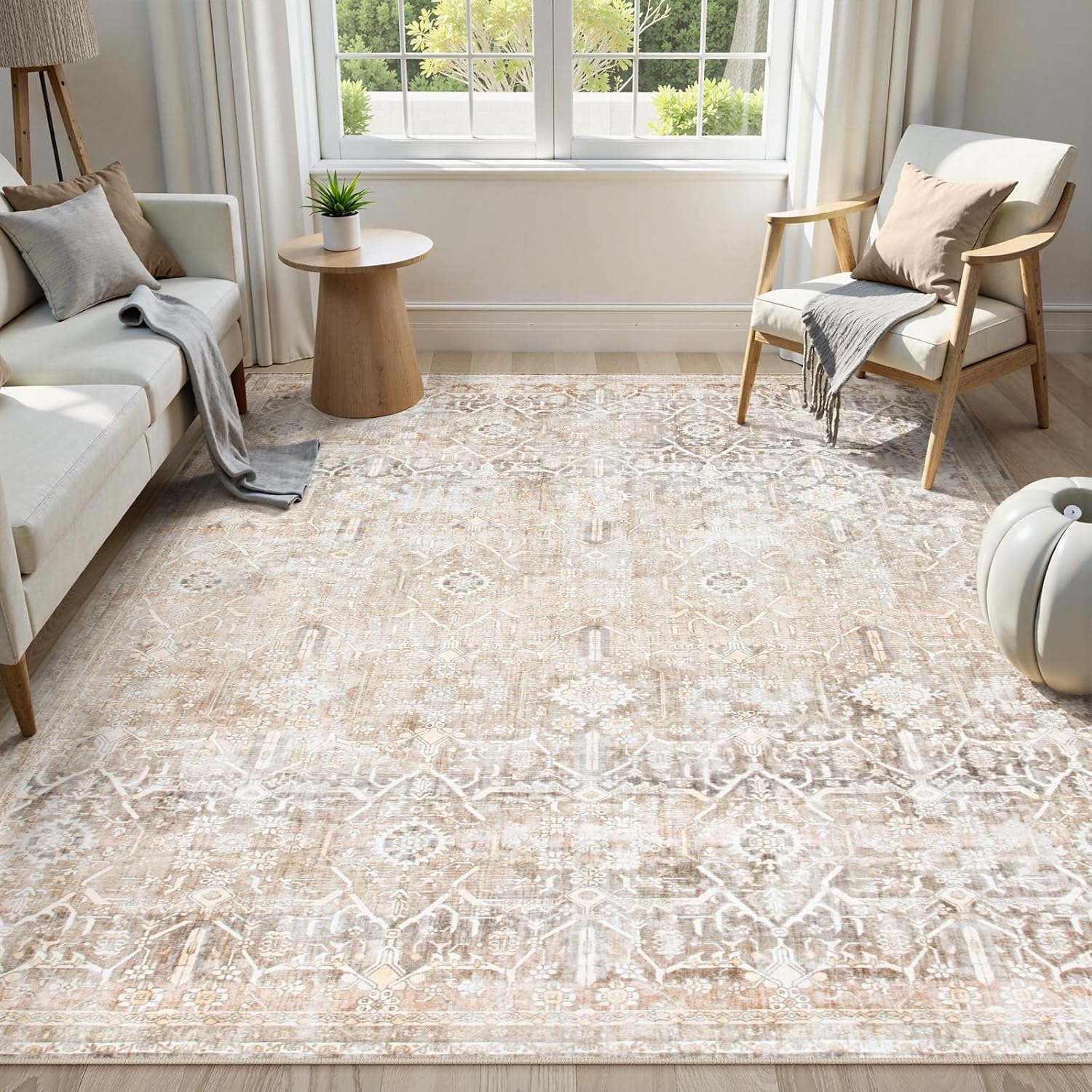 Collive Washable Area Rug 8×10, Neutral Boho Rugs for Living Room Rugs 8×10 Non Slip Farmhouse Modern Bedroom Carpet Stain Resistant Aesthetic Print Accent Floor Mat for Dining Guest Office – Beige