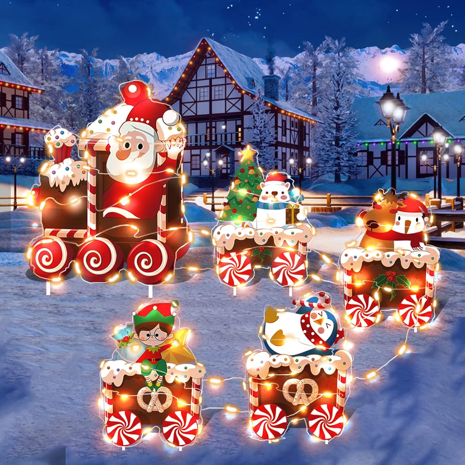 Christmas Train Decorations Yard Signs with LED Lights – Christmas Tree Snowman Train Set Lawn Signs with Stakes for Holiday Xmas Lawn Garden Yard Decorations Outdoor, 5 Pack
