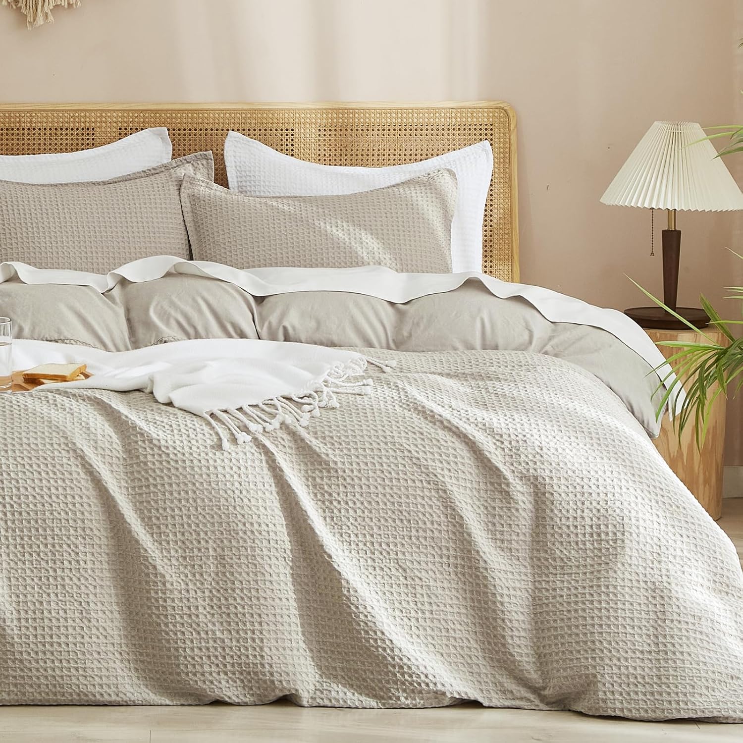 PHF Waffle Weave Duvet Cover Set King Size, No Snagging Ultra Soft Luxury Textured Breathable Comforter Cover for All Season 3pcs, Durable Bedding Duvet Set with 2 Pillow Shams, 104″x90″, Linen