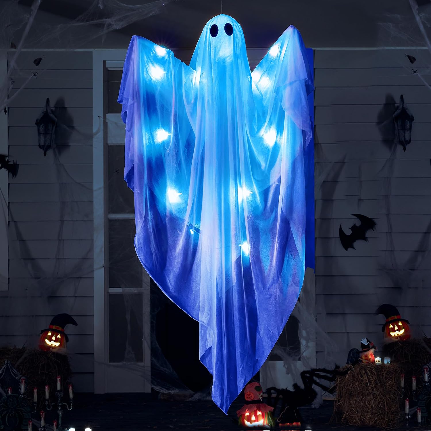 JOYIN Halloween Hanging Light up Ghost, 47” White Ghosts with Blue LED Light and Timer Halloween Hanging Decoration Waterproof for Front Yard Patio Lawn Garden Party Decor Indoor Outdoor