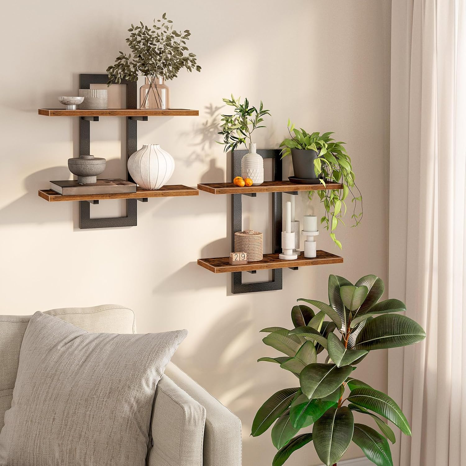 HOOBRO Floating Shelves for Wall, 15″ Wall Shelf Set of 2, Wall Mounted Storage Shelves 2-Tier, Hanging Bathroom Shelves, for Living Room, Bedroom, Bathroom, Kitchen, Rustic Brown and Black BF32BJ01G1