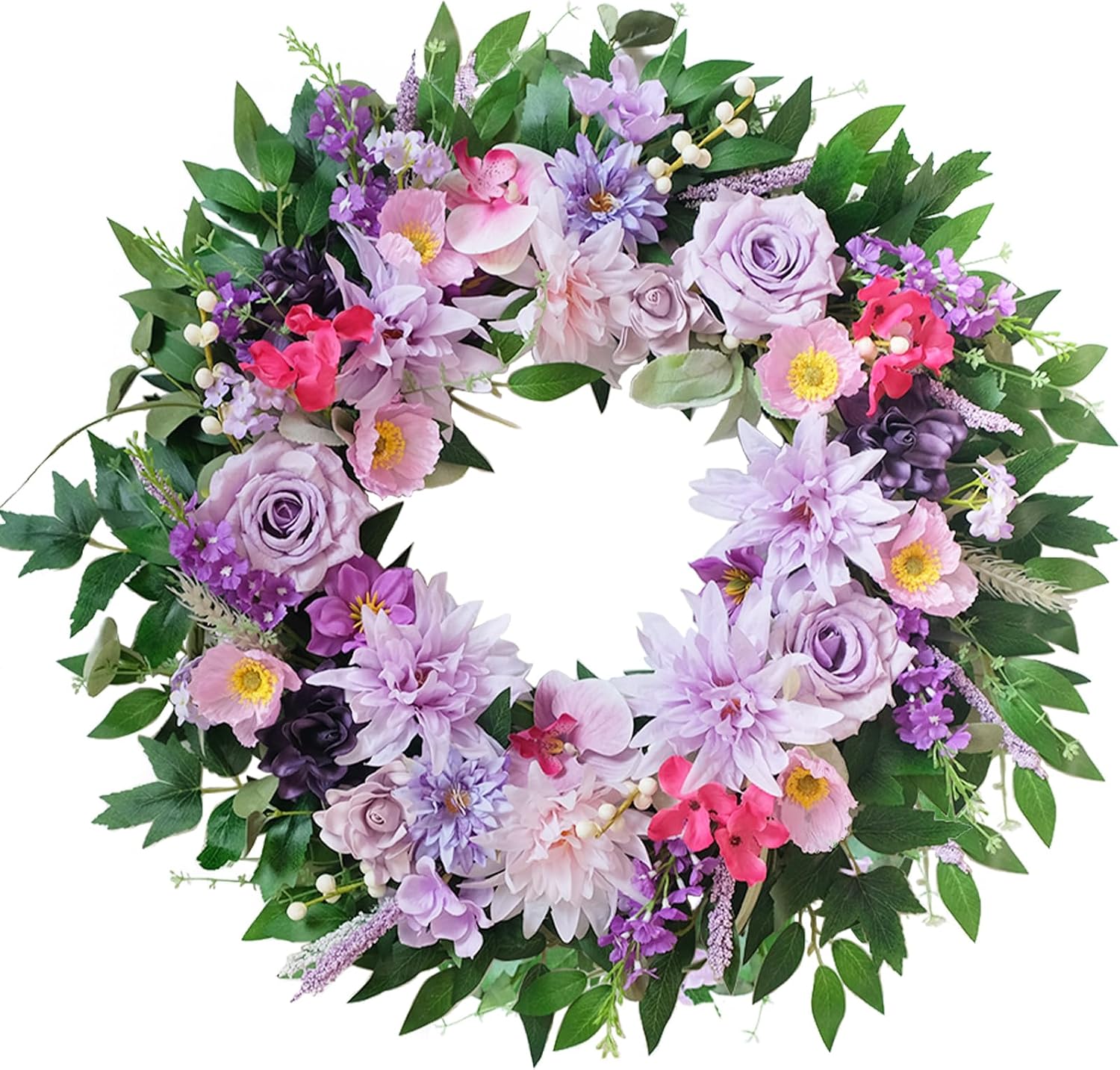 TEMPUS 24″ Purple Dahlia Wreath for Front Door – Handcrafted Spring/Summer Floral Wreath with Lifelike Blooms for Farmhouse Porch Decor