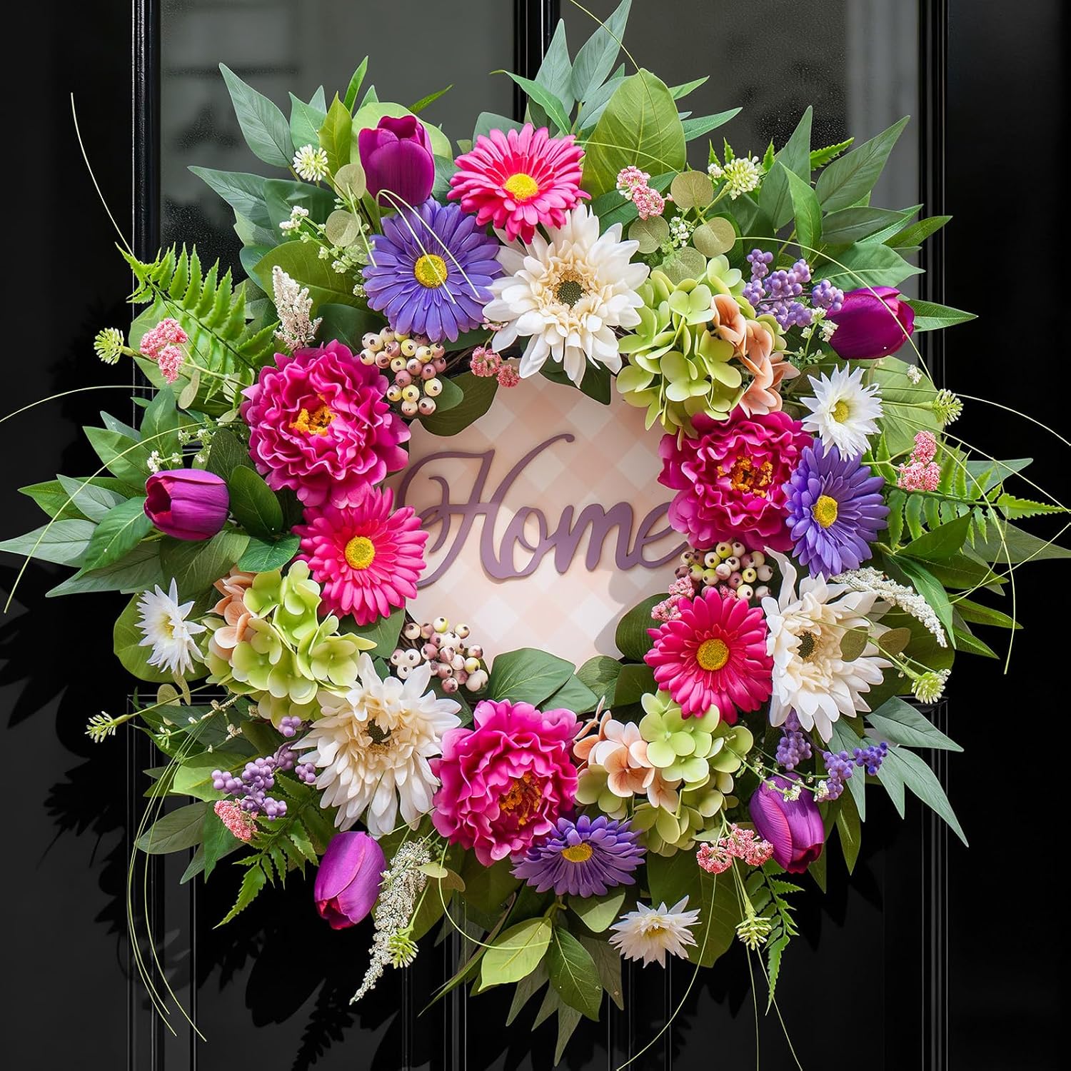 Spring Wreaths for Front Door- 24Inch Summer Wreaths with DIY Wooden Home Sign, Artificial Hydrangea, Peony, Tulip & Gerbera Flowers, Spring and Summer Door Wreaths for Indoor Outdoor Decor