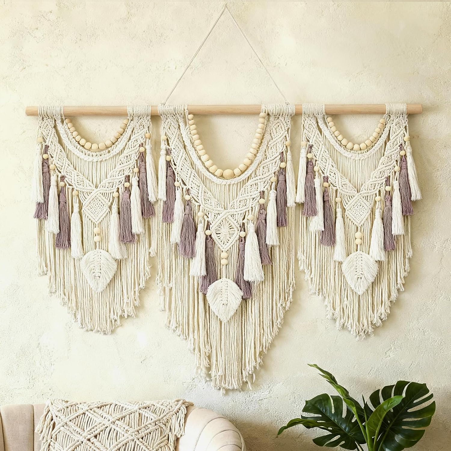 Tempospark Macrame Wall Hanging, 43″x32″ Boho Wall Tapestry, Large Wall Art for Bedroom, Living Room, Dining Room, Nursery, Gallery, Office (Leaf&Bead)