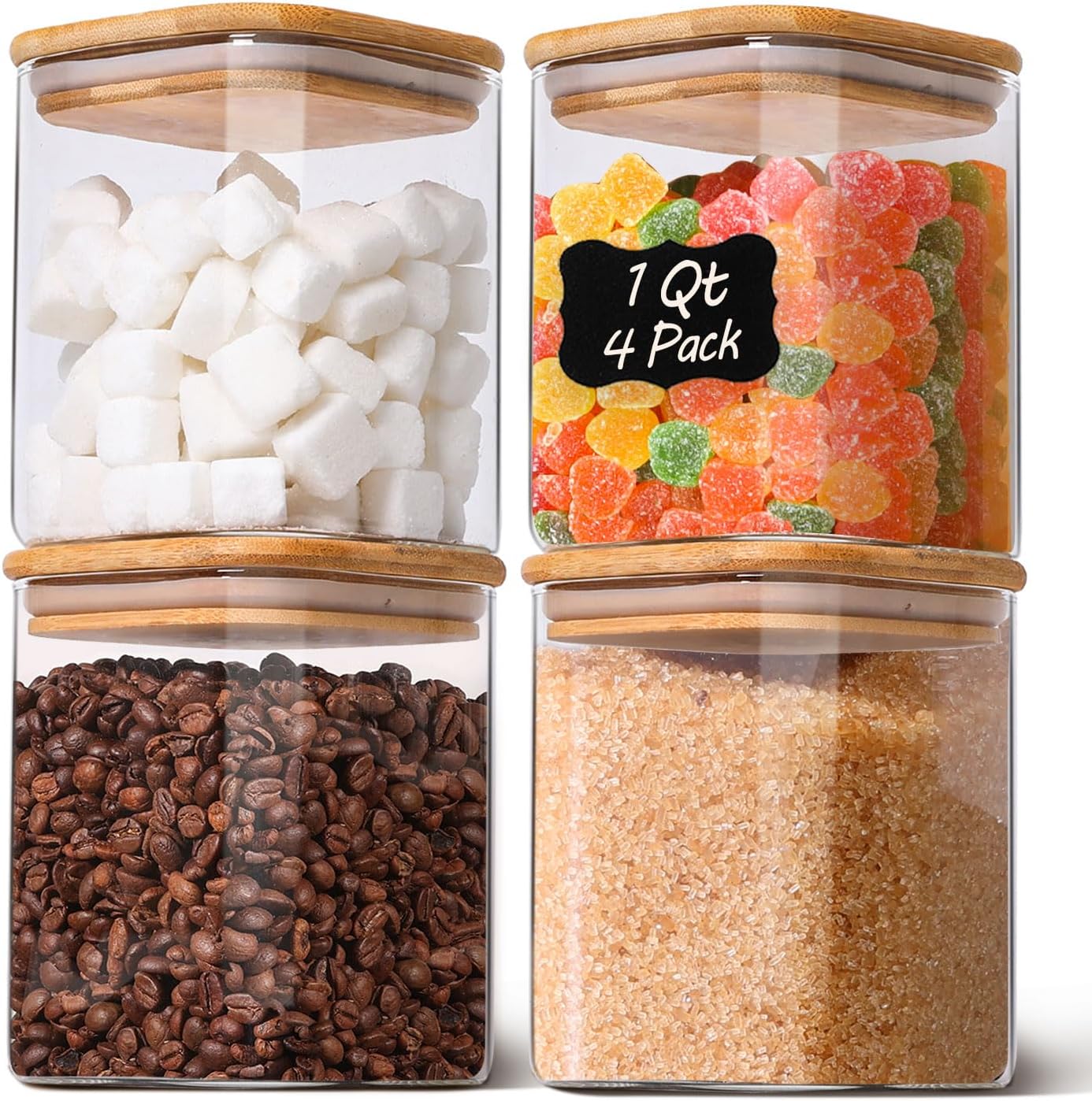 Glass Pantry Storage Containers with Bamboo Lids 1Qt 4 Pack Square | Pantry Organization, Coffee Beans Flour Sugar Pasta Cereal Dry Food Storage, Labels Included, Kitchen Organization