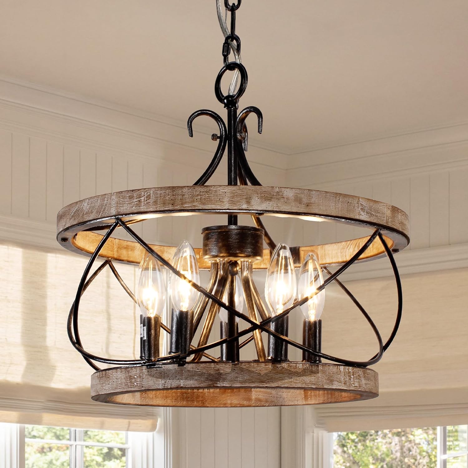 20″ Farmhouse Chandelier, 5-Light French Country Drum Chandelier Over Table | Wood Chandelier for Kitchen Island Dining Room Entryway Bedroom