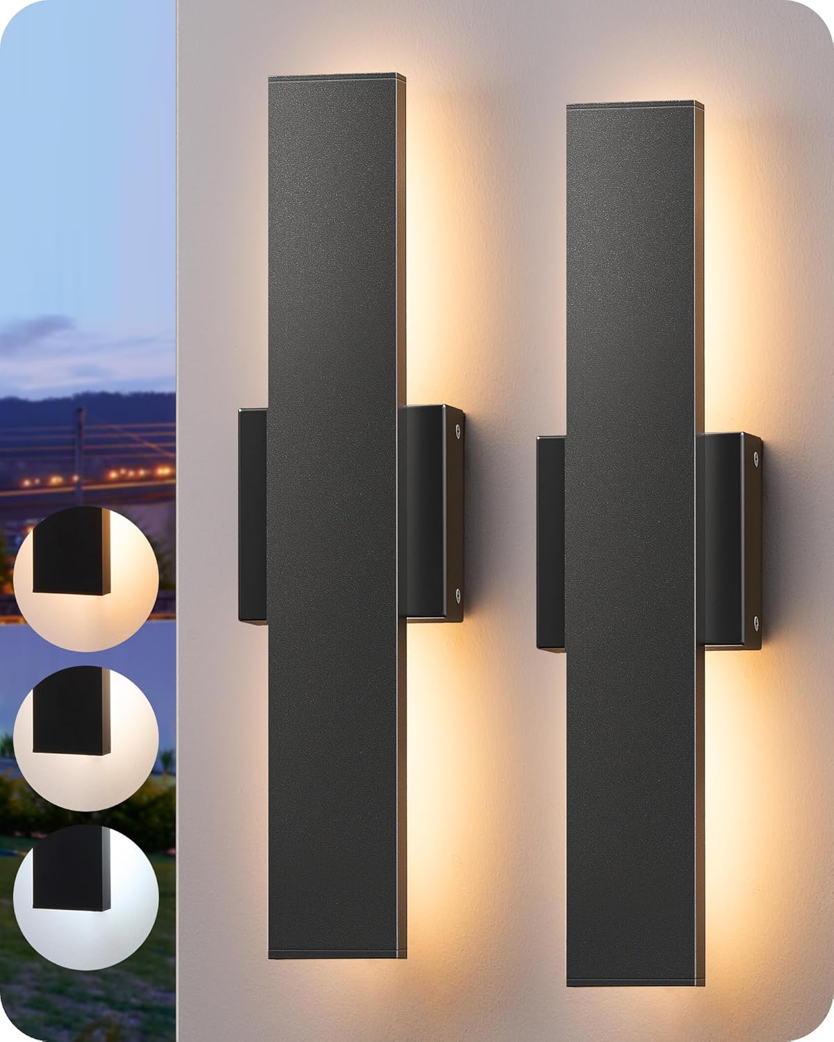 EDISHINE 2 Pack LED Outdoor Wall Lights Dimmable, 3000K 4000K 5000K, 15.7″ Modern Black Outdoor Wall Sconce, IP65 Waterproof, Linear Exterior Wall Light for Entrance, Hallway, Garage, Porch