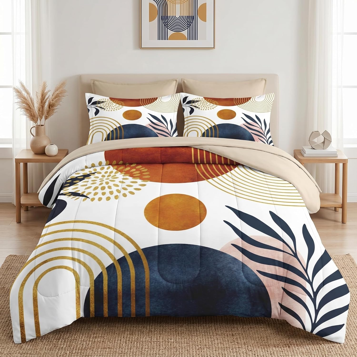 WeCozy 7 Pcs Queen Size Comforter Set with 2 Pillowcases & 2 Shams, Mid Century Bedding for Adults, Sun Boho Geometric Rainbow Bed in a Bag with Flat Fitted Sheet
