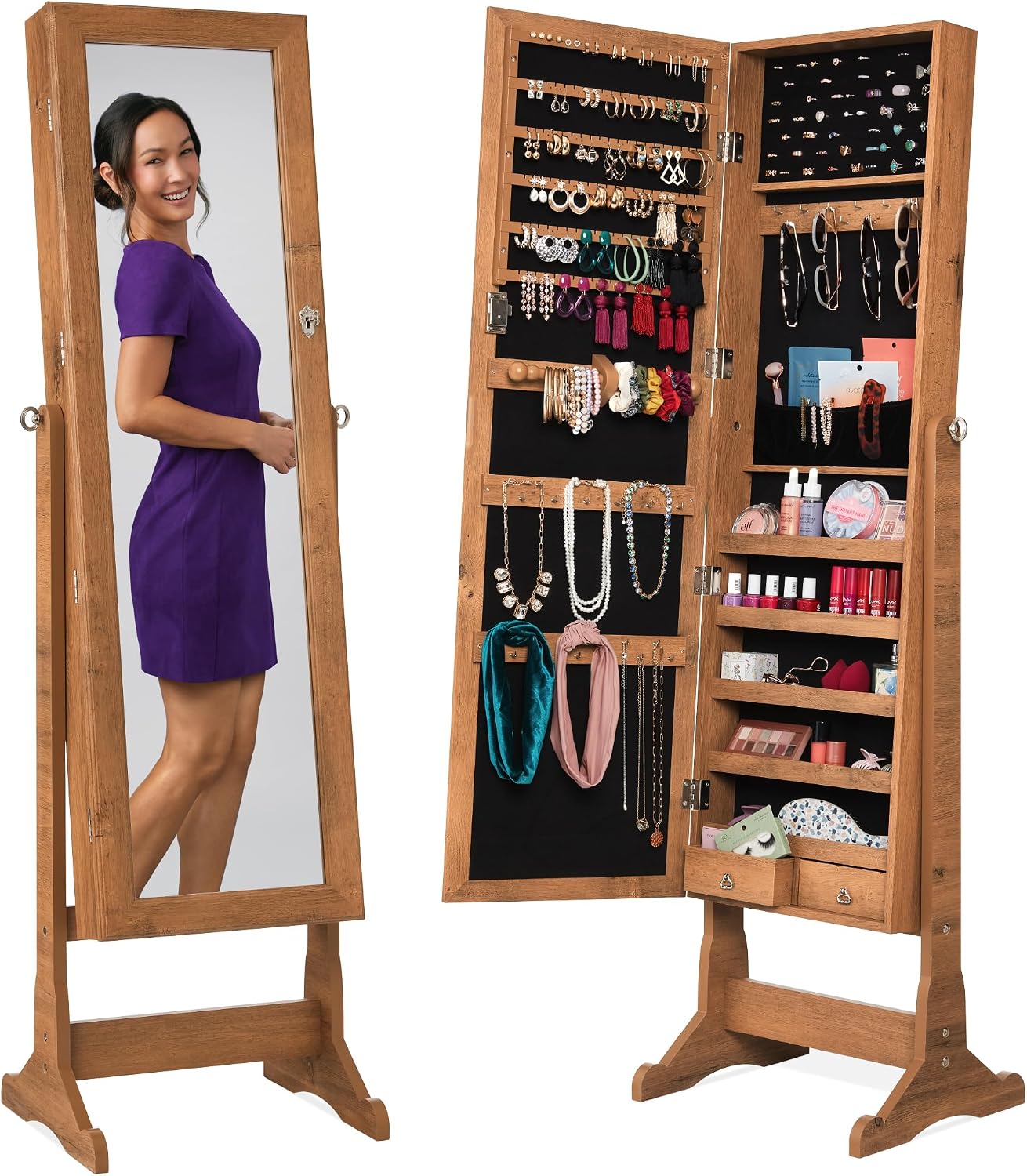 Best Choice Products Freestanding Jewelry Armoire Cabinet, Full Length Standing Mirror, Lockable Makeup Storage Organizer, w/Velvet Lining, 3 Angles, Lock, Accessory Pouch, 5 Shelves – Rustic Brown