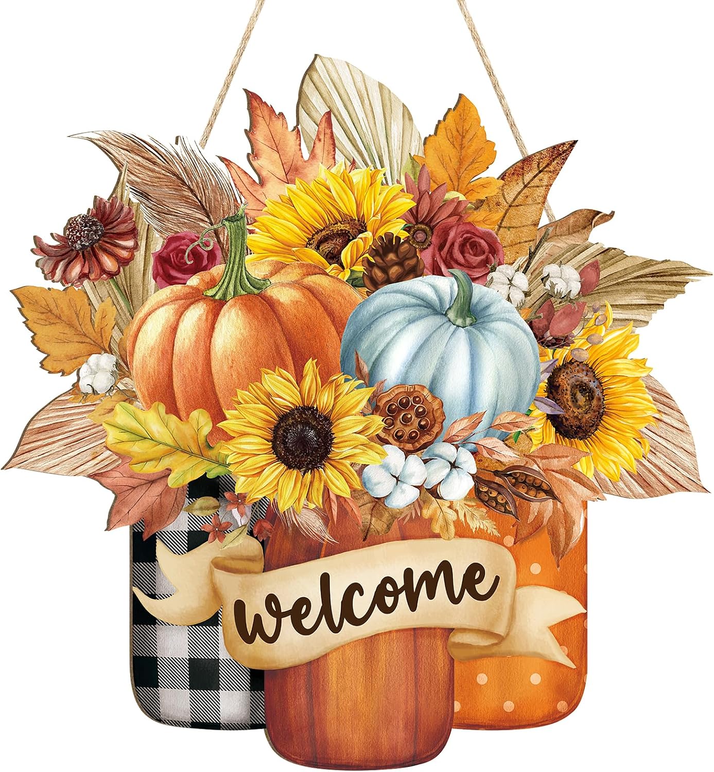 Fall Decoration Welcome Wreaths for Front Door, Wooden Hello Fall Pumpkin Thanksgiving Door Sign Ornament, Wood Mason Jars Maple Leaf Flower Farmhouse Hanging for Autumn Harvest Porch Home Decor