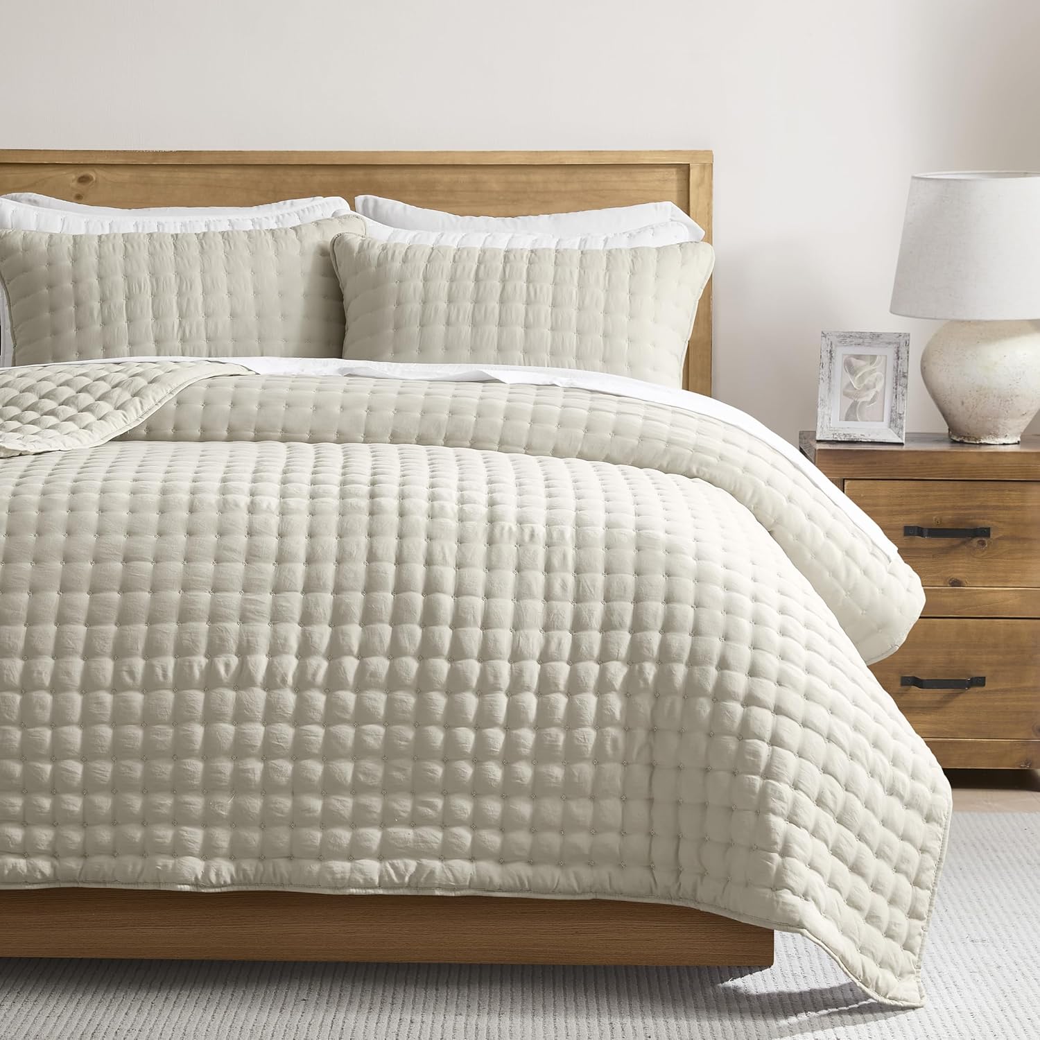 WDCOZY Beige Queen Size Quilts Bedding Sets with 2 Pillow Shams, Neutral Lightweight Soft Bedspread Coverlet, Quilted Blanket Thin Comforter Bed Cover for All Season, 3 Pieces, 90×90 inches