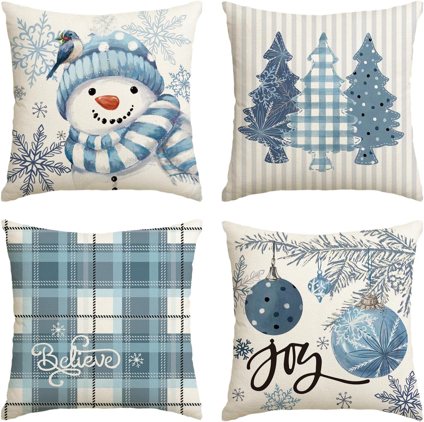 AVOIN colorlife Winter Snowman Joy Snowflake Christmas Throw Pillow Covers, 18 x 18 Inch Xmas Tree Winter Holiday Buffalo Plaid Cushion Case Decoration for Sofa Couch Set of 4