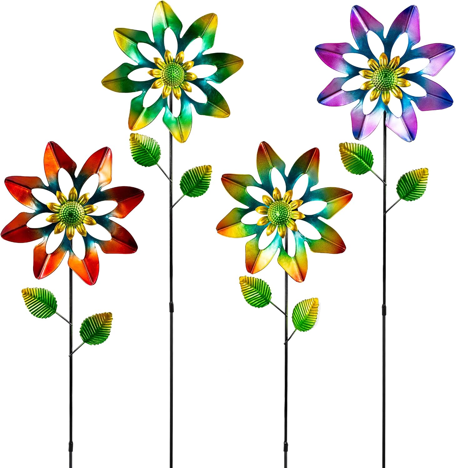 4 Pack Wind Spinners Outdoor, Colorful Small Flower Windmill | Metal Pinwheels Decorative Garden Stakes for Yard Patio Lawn Garden Decor, 27 x 7 Inches