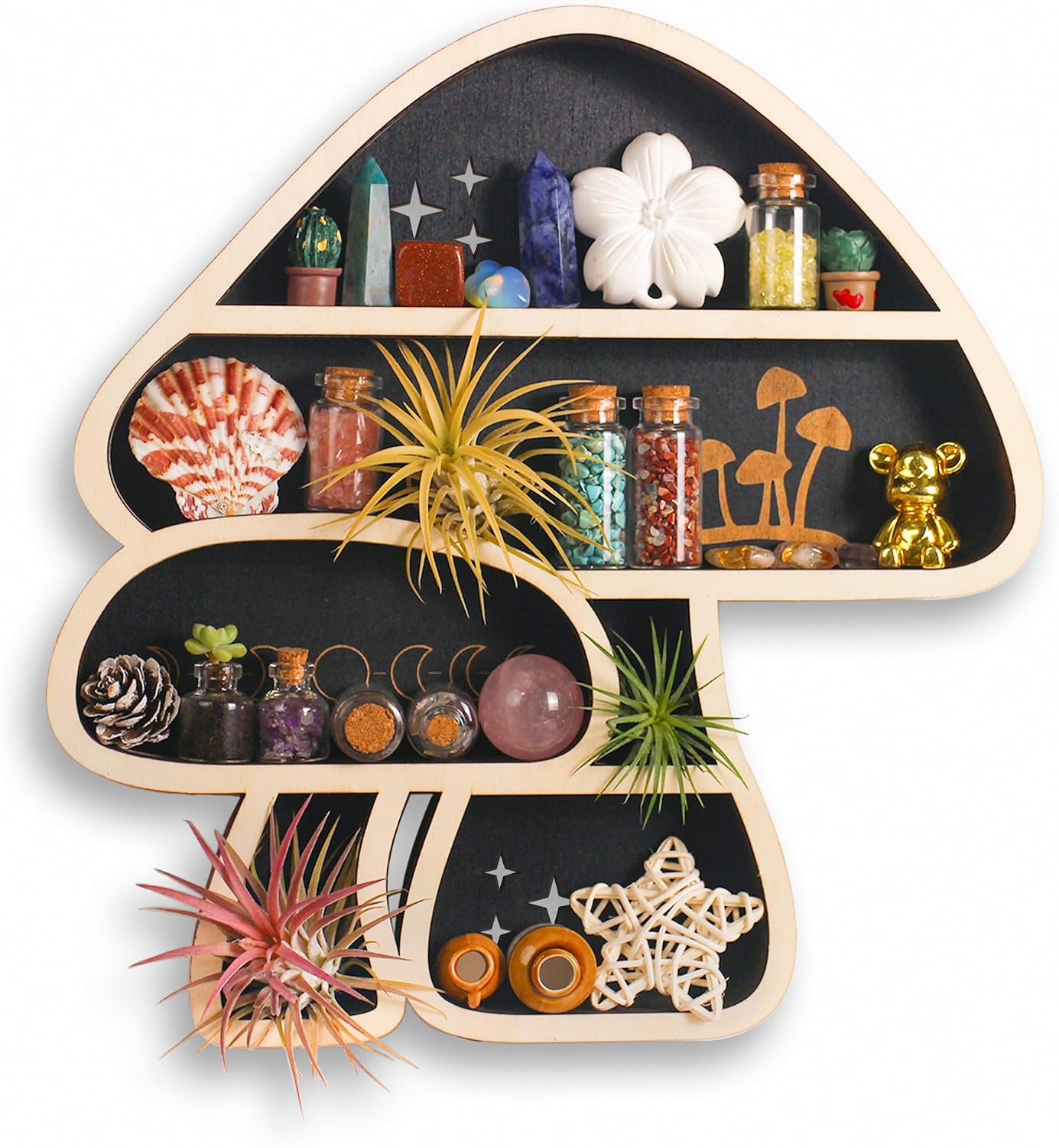 Cute Mushroom Decor, Wooden Mushroom Wall Shelf Crystal Display Shelves | Wall mounted mushroom shelf for crystals, rocks, gems and stones, cute Home wall decor and display,for bedroom living room
