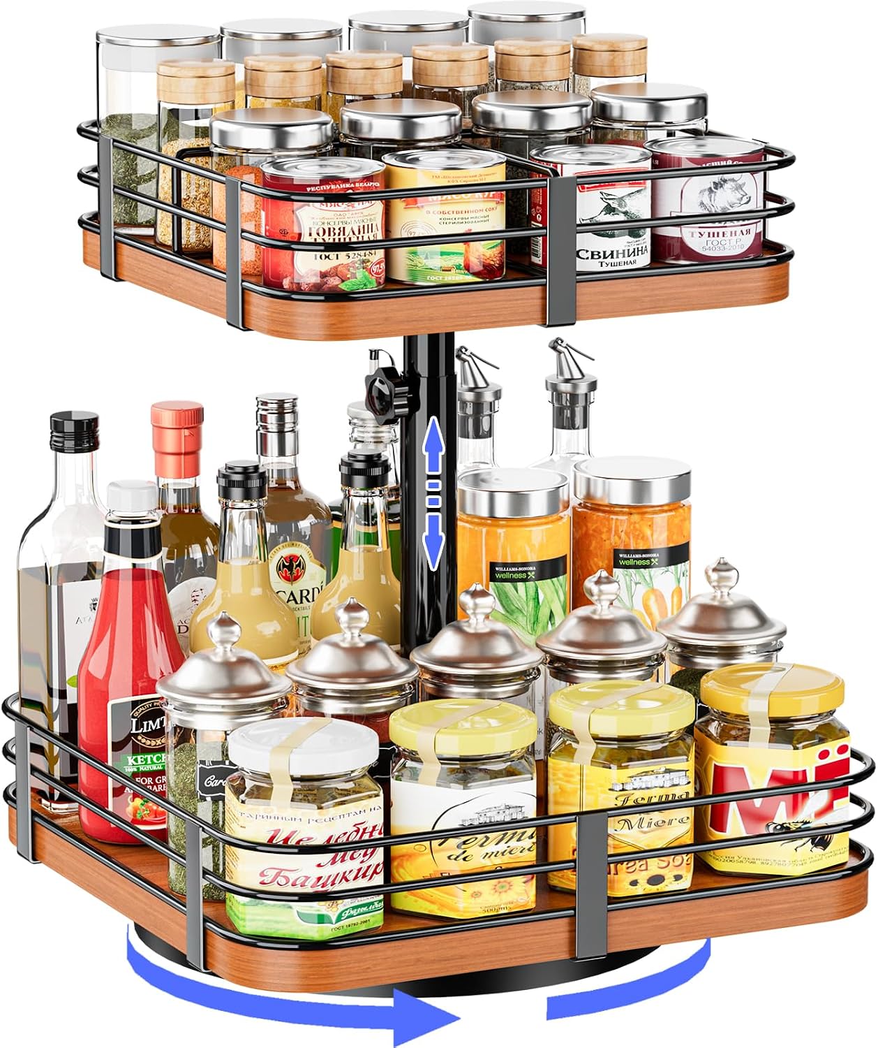 12 Inch Square Lazy Susan Organizer, 2 Tier Adjustable Wood Rack | Removable Divider Rack, 360° Rotating, Adjustable Height, For Pantry, Cabinet, Bathroom & Dining Table