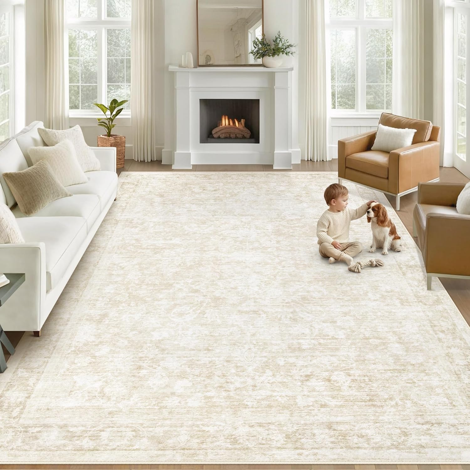 8×10 Area Rugs for Living Room: Washable Large Vintage Floral Rug Low Pile Non-Slip Boho Carpet for Bedroom Dining Home Office (Beige, 8’x10′)
