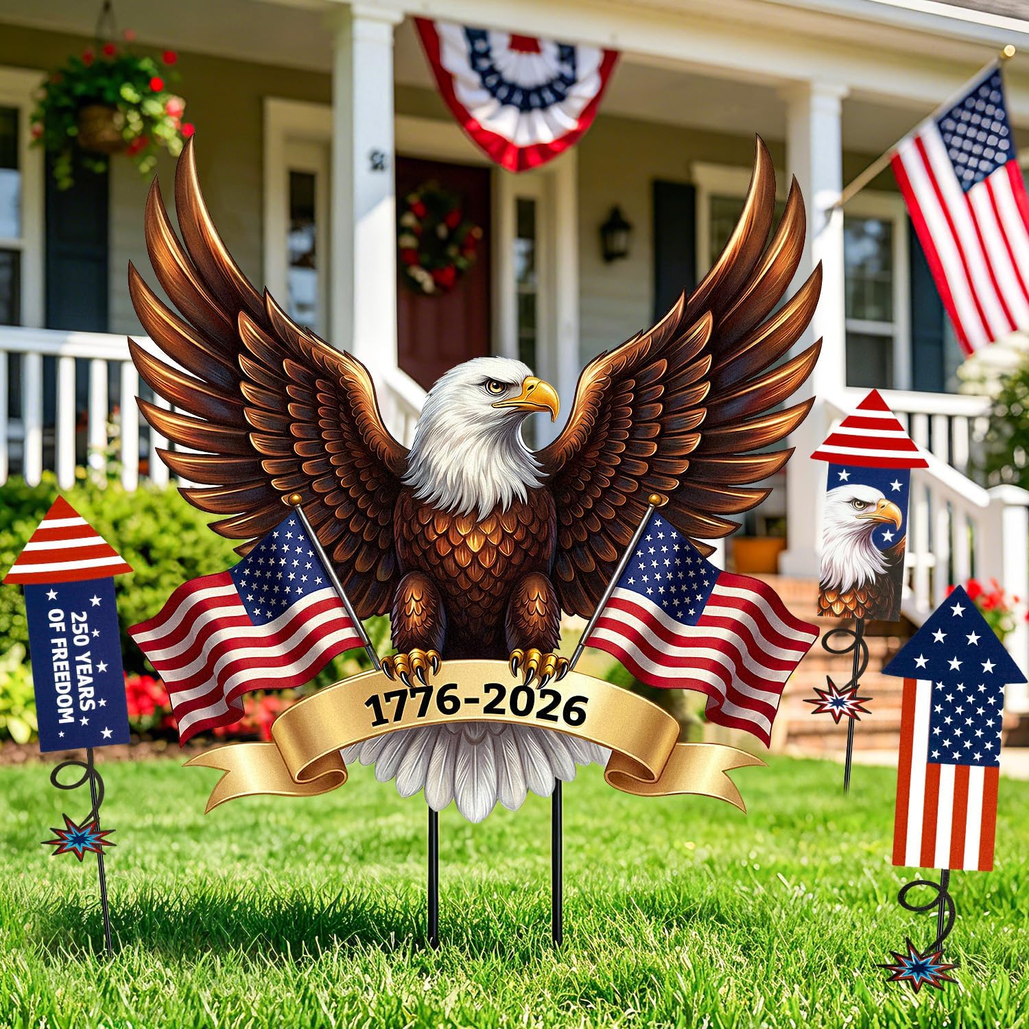 MOVINPE 4th of July Outdoor Decorations Yard Signs, 250th Anniversary Metal Garden Stakes, Patriotic Eagle & Firework Stakes, Memorial Day American Independence Day Celebration Decor