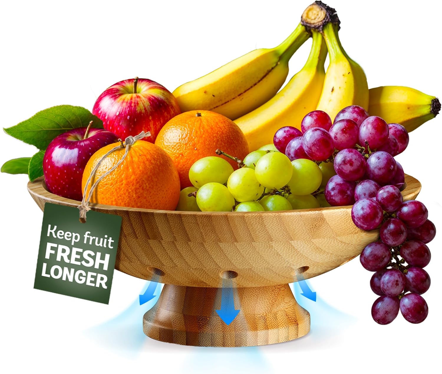 Wooden Fruit Bowl for Kitchen Counter, Bamboo Pedestal Fruit Basket, Vented | Keeps Produce Fresh Longer, Airflow Holes Reduce Trapped Moisture, Anti Slip Base, Holds Bananas and Vegetables, Frutero