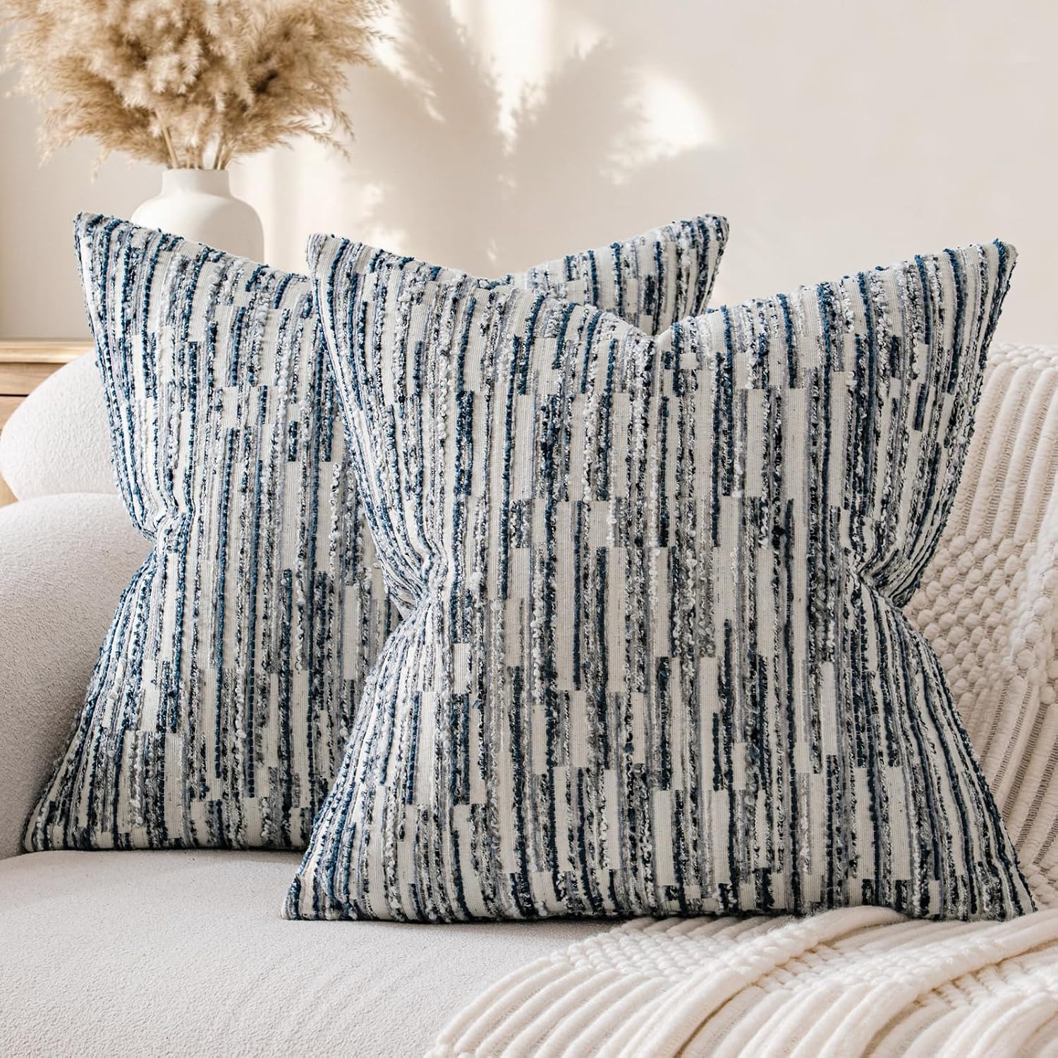 a moment Boho Throw Pillow Covers Set of 2,Striped Decorative Rustic Farmhouse Pillow Cases,Aesthetic Modern Home Decor Couch Cushion Covers for Bed Sofa Living Room 18″X18″ Blue