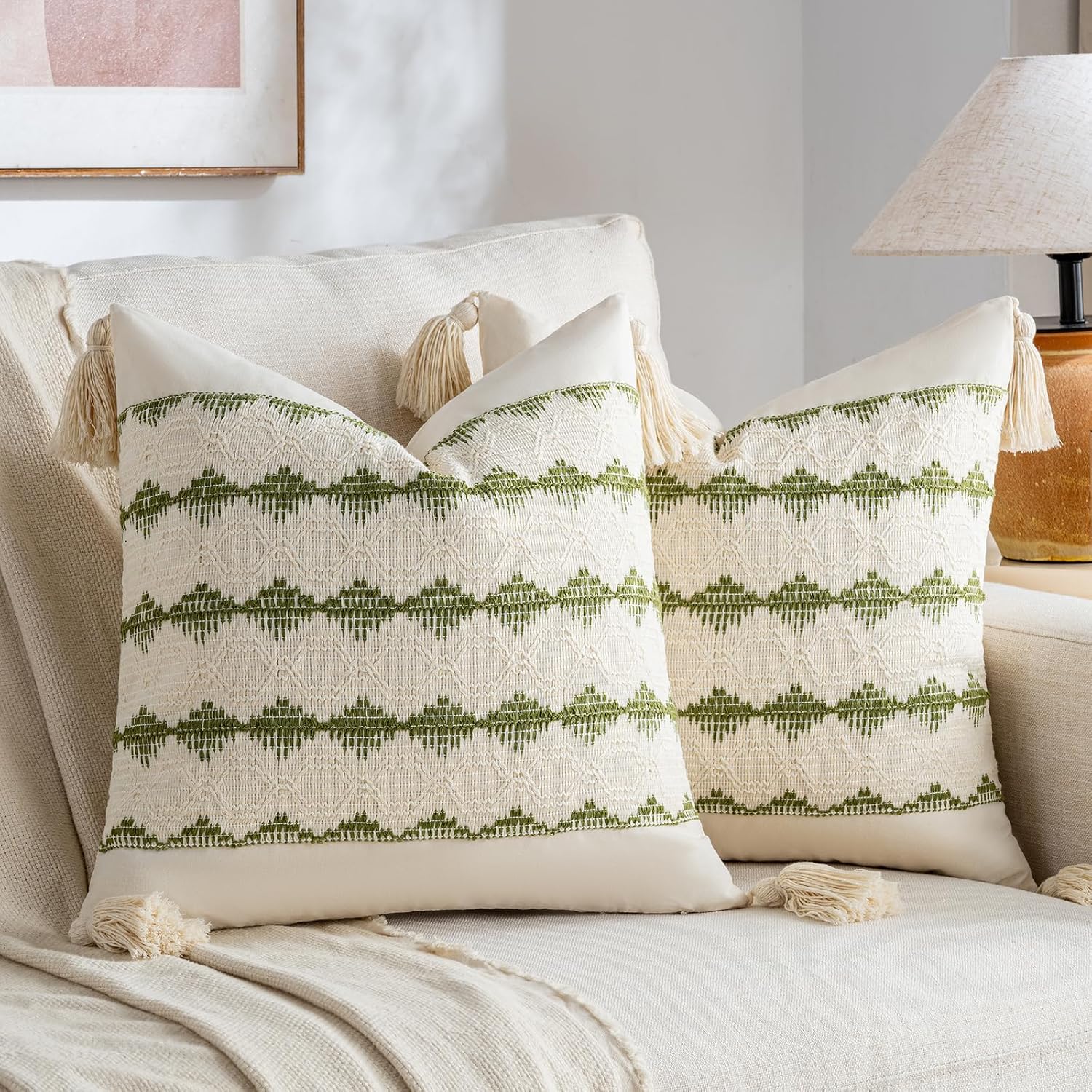 Fancy Homi Set of 2 Boho Moss Green Decorative Throw Pillow Cover 18×18 Inch for Couch Bed Sofa, Aesthetic Farmhouse Home Decor, Soft Cotton Cute Accent Macrame Woven Cushion Case with Tassels