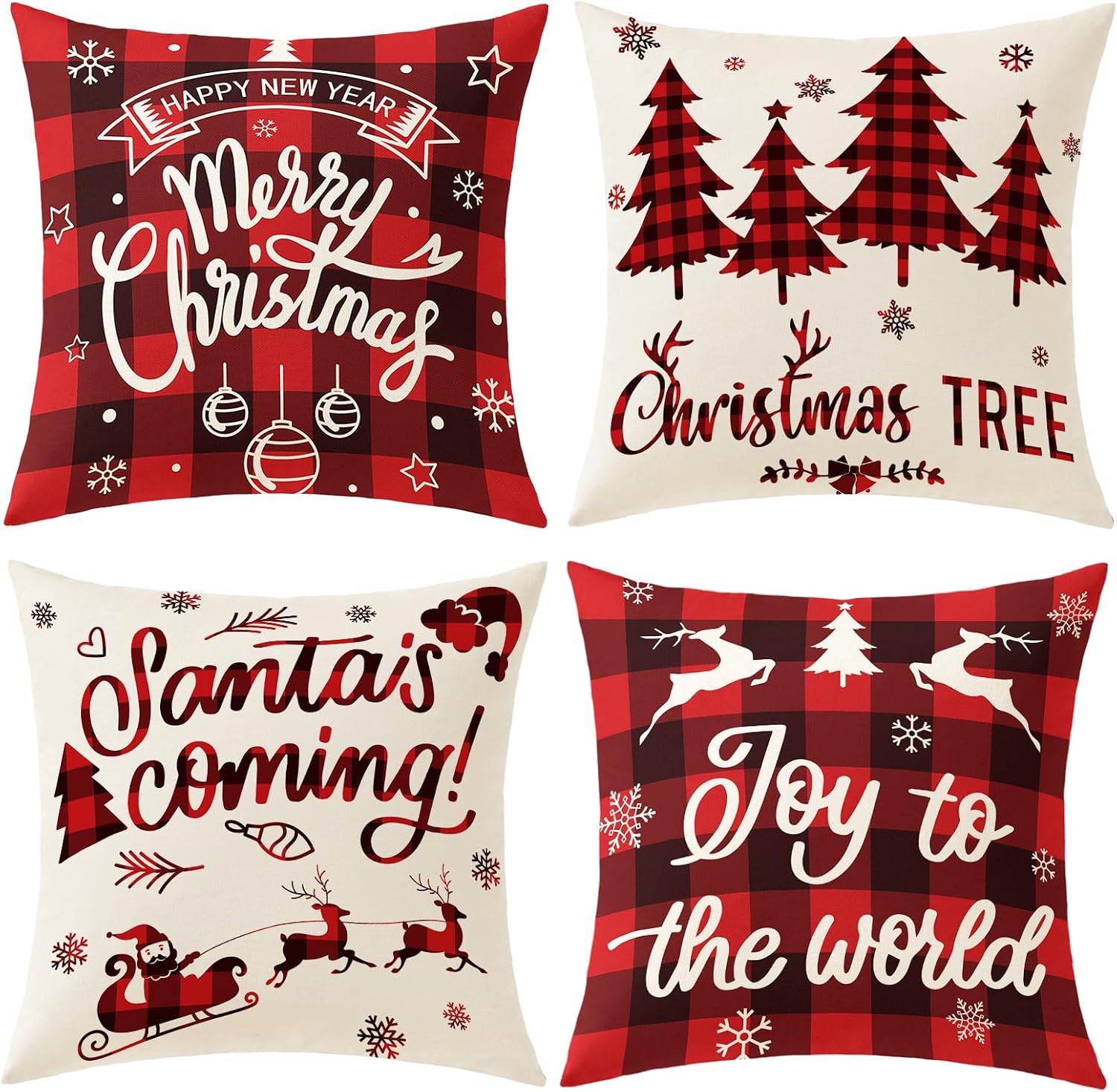 Plaid Christmas Pillow Covers 18×18 Buffalo Check Set of 4 Red Black Christmas Decorations Farmhouse Throw Pillow Covers Winter Holiday Linen Cushion Case for Home Sofa Couch Bed Chair