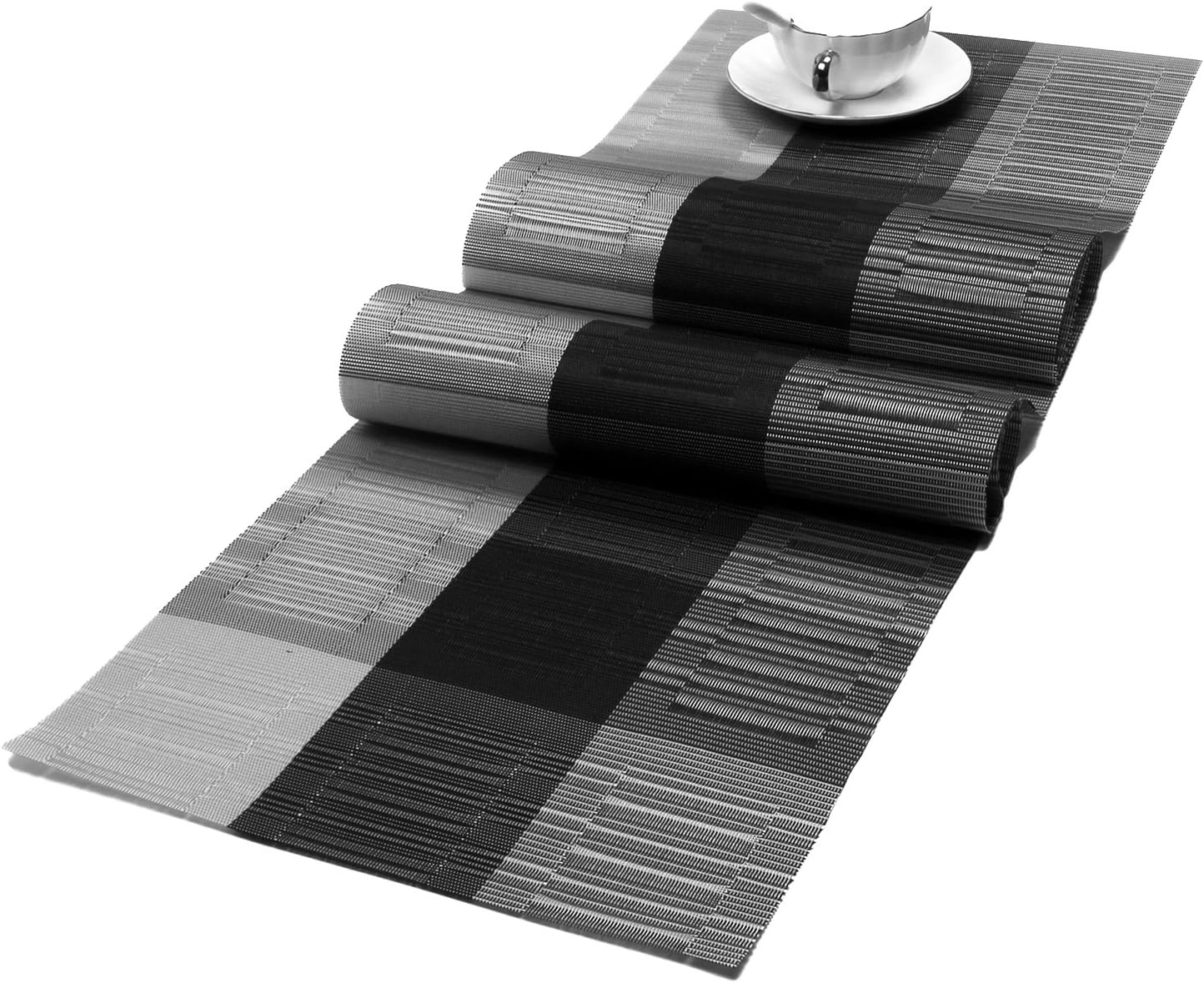 SHACOS Woven Vinyl Table Runner 12 x 54 inch PVC Runner for Dining Table Coffee Table Counter Wipe Clean Indoor Outdoor, Ombre Black and Gray