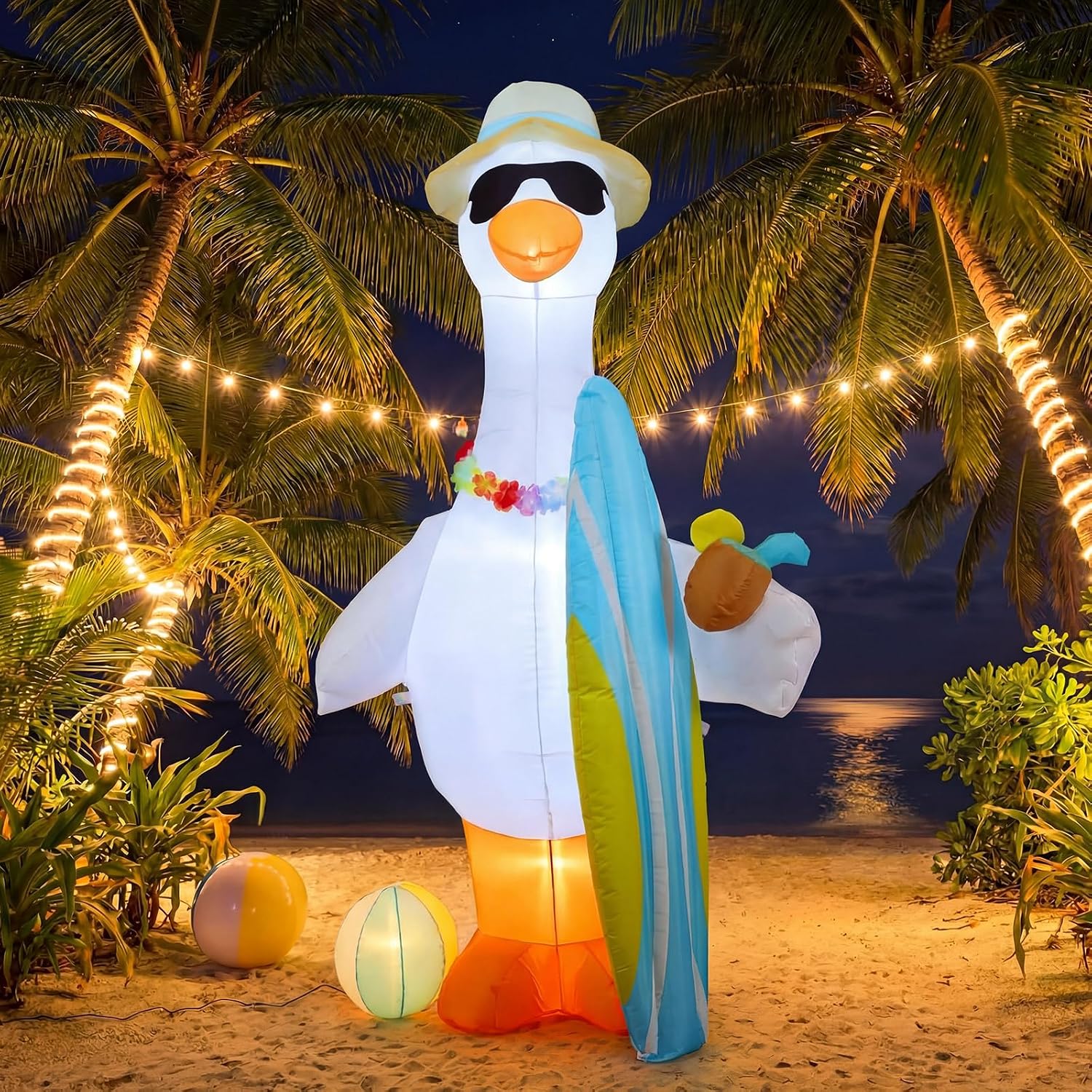 Hungdao 6 ft Summer Inflatable Outdoor Decorations Giant Inflatable Goose with Built-in LED Light Surfboard Beach Ball Blow up Goose Party Favors for Indoor Outdoor Lawn Yard Garden Decor
