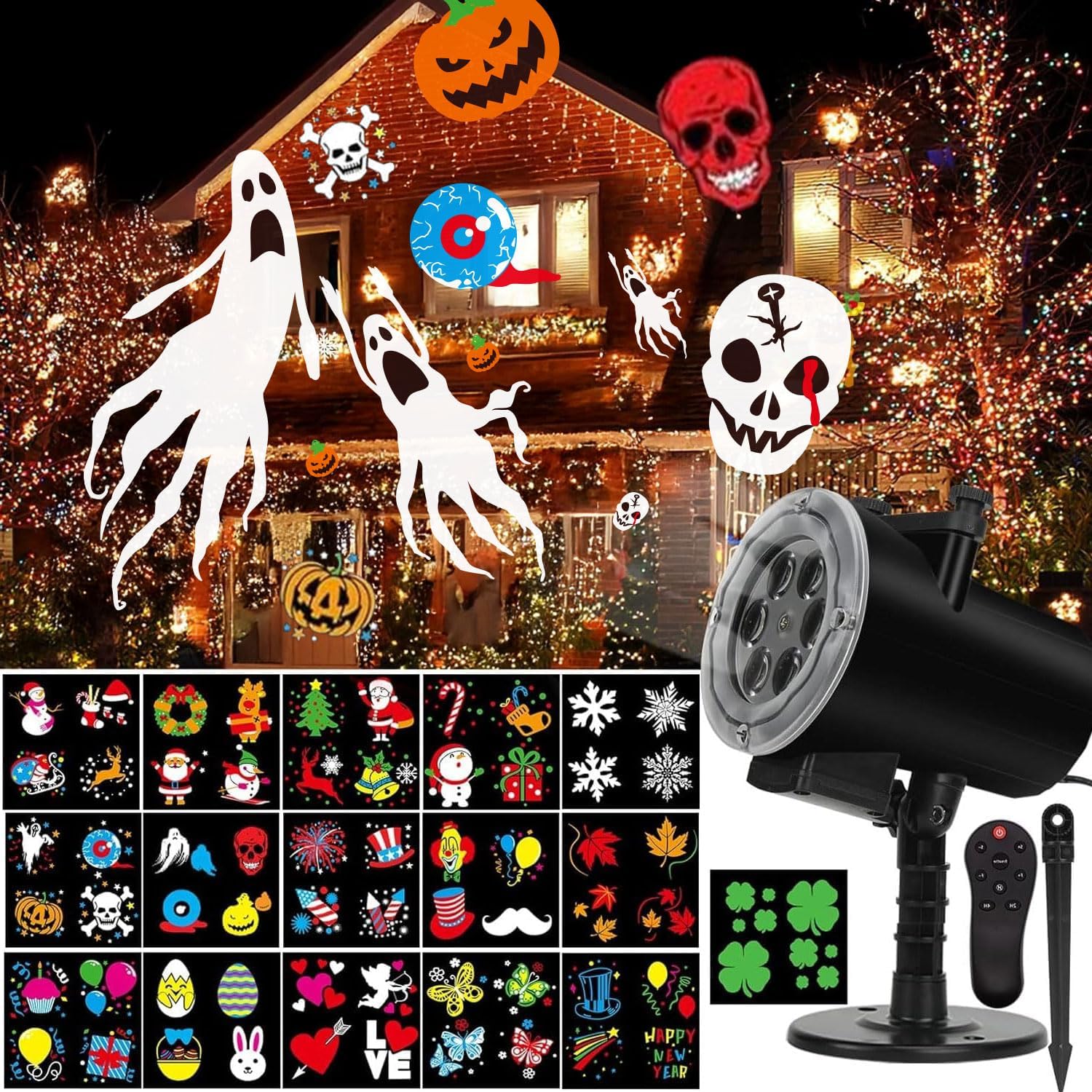 Halloween Outdoor Projector Lights,Syslux Christmas Projector Lights,16 HD Slides LED Waterproof Light Indoor Lights with Remote Control for Party Garden Halloween Xmas Landscape Decor