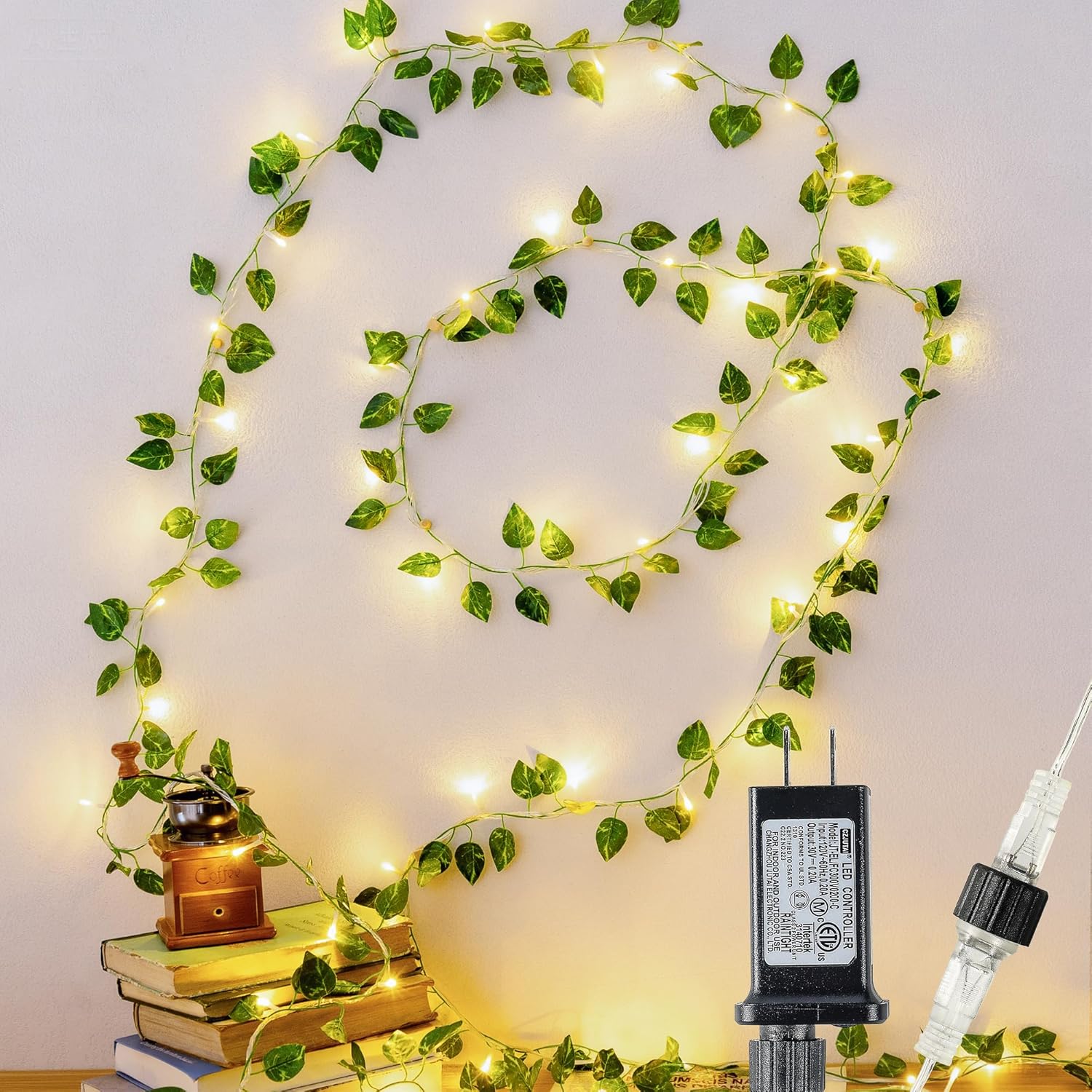 HEYFUNi Vines with Lights 23FT, Faux Pothos String Lights Plug in | 73 Warm White LEDs, Artificial Pothos Leaf Lights For Bedroom, Wall, Balcony, Wedding, Party, Dorm, Aesthetic Decor