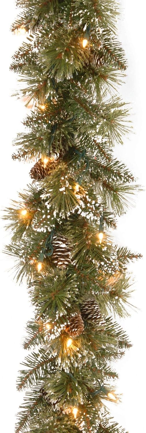 National Tree Company 6 ft Pre-Lit Glittery Bristle Artificial Christmas Garland, Christmas Decoration with Pinecones, 50 Warm White LED Lights, 138 Tips, Timer, Green