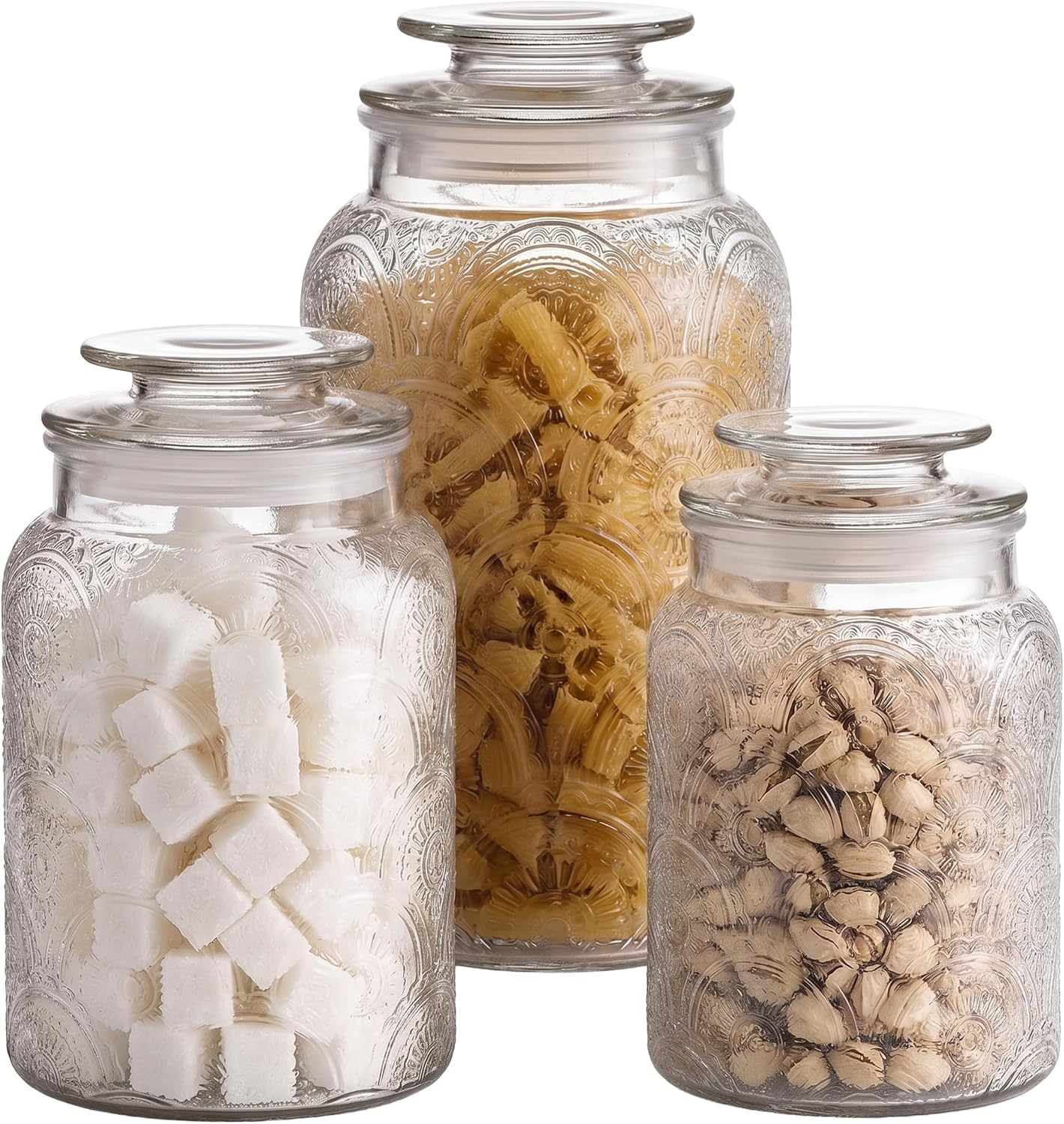 Style Setter Canister Set 3-Piece Glass Jars in 34oz, 44oz & 54oz Retro Design Lids for Cookies, Candy, Coffee, Flour, Sugar, Rice, Pasta, Cereal & More