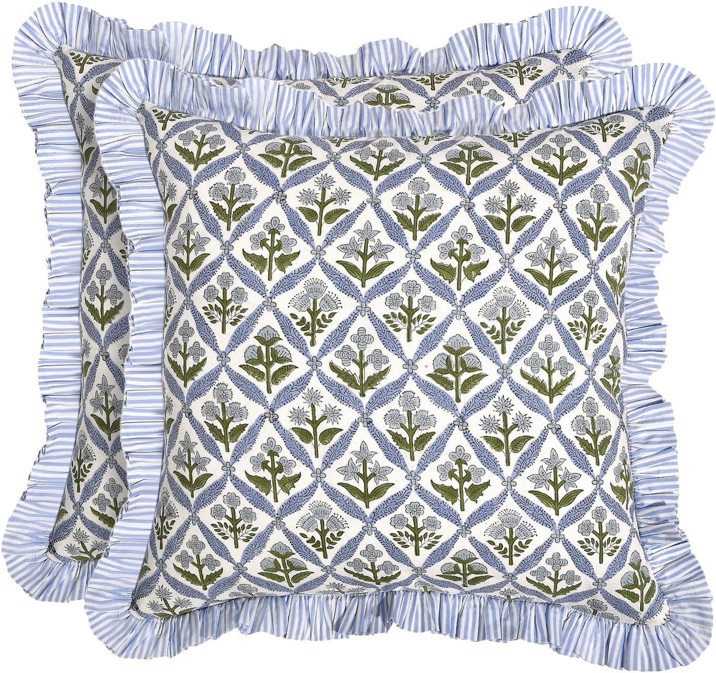 Ridhi Block Print Light Steel Blue Throw Pillow Cover 18″ x 18″ (Pack of 2) Decorative Cushion Covers with Ruffle for Couch, Sofa, Bed, Living Room, Home Decor Gift for Spring, Easter, Valentine