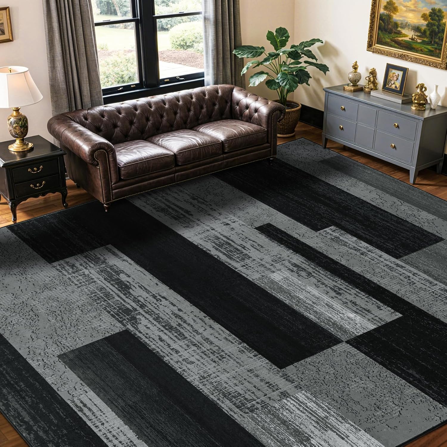 LIANLAM 8×10 Washable Area Rugs for Living Room & Bedroom(8×10,Black&Gray) | Non-Slip Large Carpet,Vintage Checkered Pattern, Stain Resistant Faux Wool Low Pile Soft Rug for Dining Room,Office,Nursery