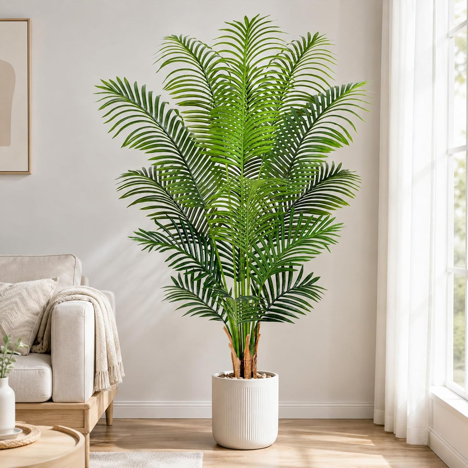 5ft Artificial Palm Tree Indoor Plant Tall Fake Tropical Paradise Palm Tree in Pot with Real Bark Design Faux Areca Palm Tree for Home Office Living Room Bedroom Farmhouse Modern Decor 1pcs
