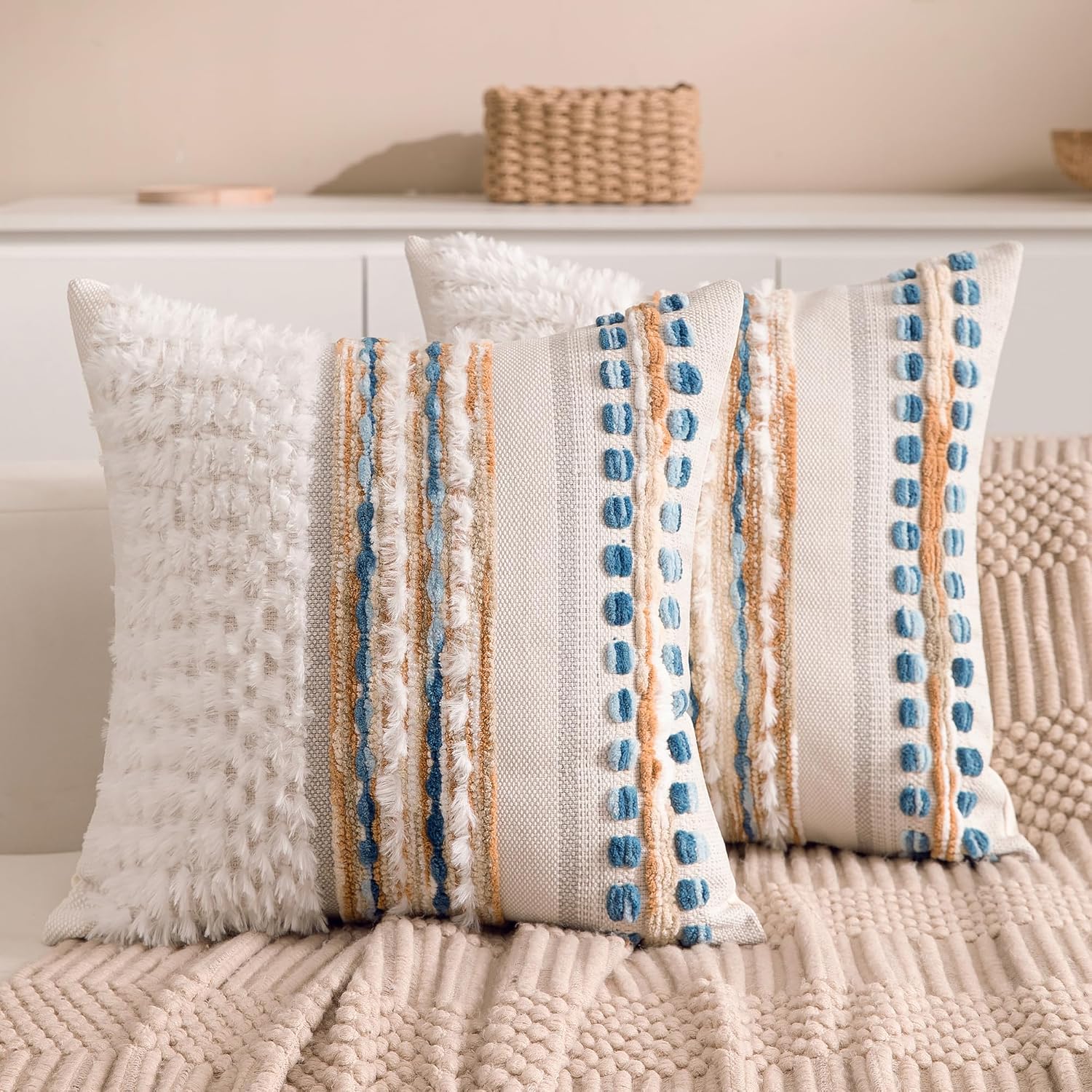 Boho Chenille Tufted Couch Throw Pillow Covers 18×18 Inch Set of 2 Farmhouse Striped Decorative Pillow Covers Accent Neutral Pillowcase Caramel Brown Blue Cushion Cover for Livingroom Sofa Bed