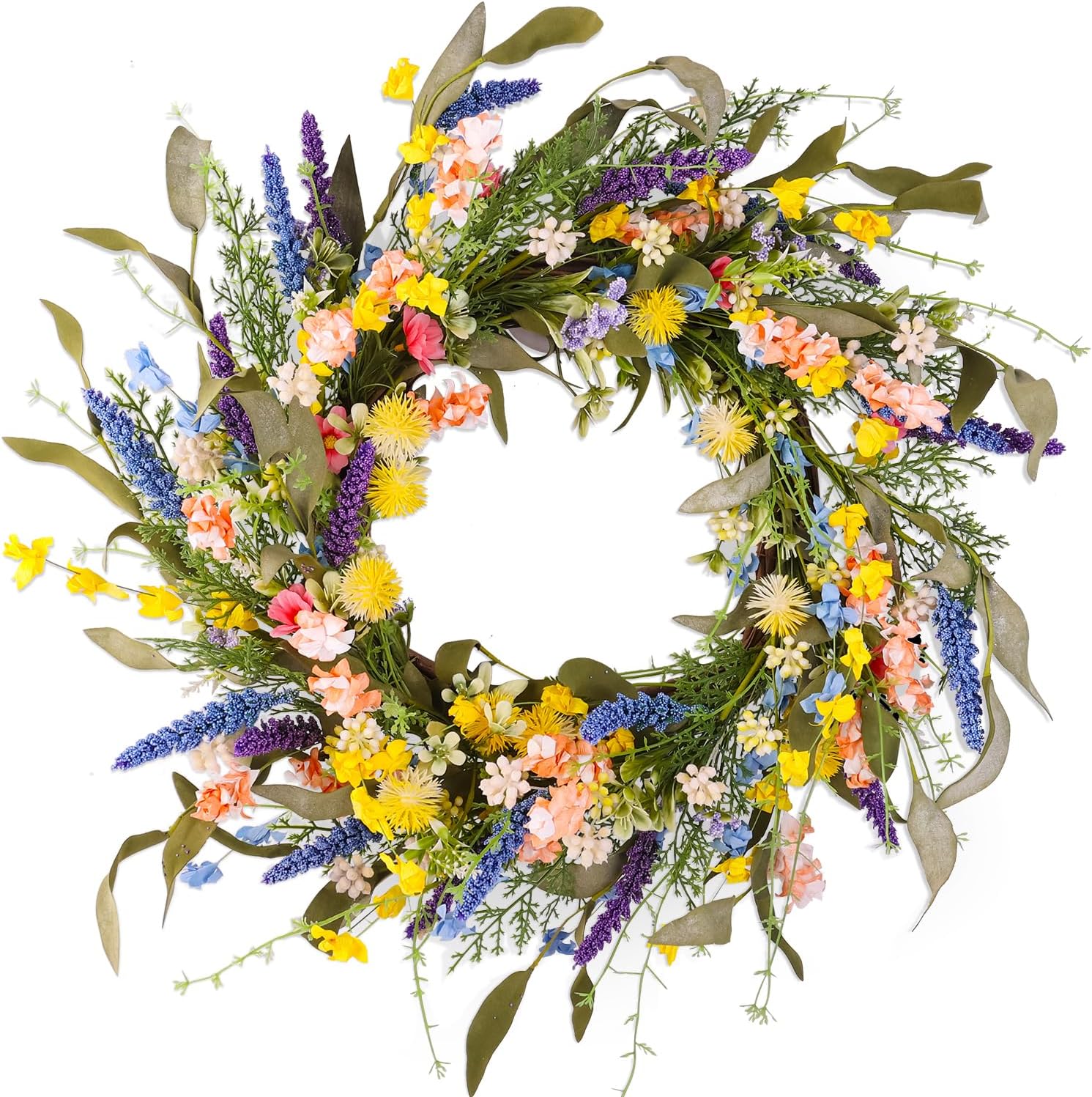 22″ Colorful Wildflower Spring Summer Wreath with Green Leaves, Floral Artificial Wreath for Front Door Home Wall Wedding Farmhouse Holiday Outdoor Indoor Décor (Yellow)
