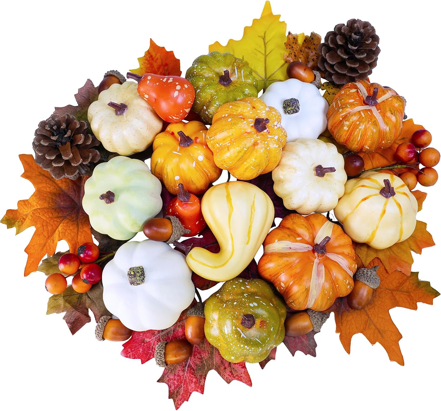 Winlyn 46 Pcs Assorted Small Artificial Pumpkins and Gourds with Acorns Pinecones Maple Leaves Fall Harvest Decor Set for Autumn Party Table Centerpiece Thanksgiving Halloween Wreaths Vase Bowl Filler