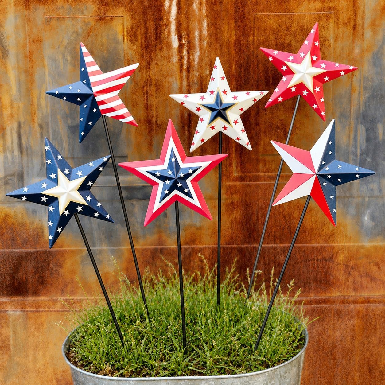 4th of July Decorations Outdoor 19″ Metal Barn Star 6-Pack, Patriotic Outdoor Decorations, Rustic Iron Decorative Garden Stakes with American Flag Stars for Yard Patio Lawn
