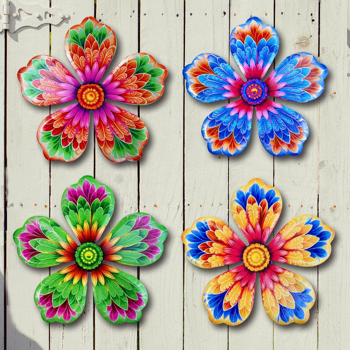 Giyyomtr Metal Flowers Wall Decor – 4pcs 6.2” Metal Wall Art Hanging Decorations for Outdoor Fence Garden Yard Patio Exterior Home Wall Decor
