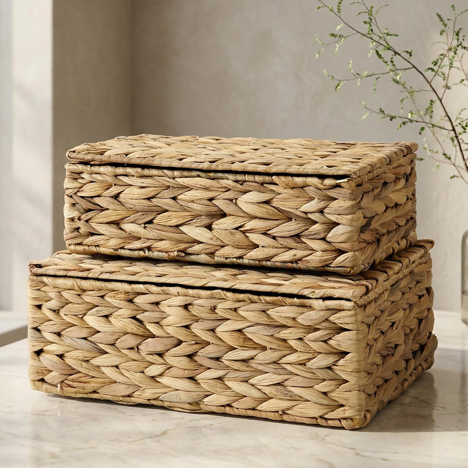 Decorative Storage Boxes with Lids – Set of 2 Beautiful Wicker Organizer Bins for Your Shelves & Home Decor – Safely Store Your Photos, Documents, and Memory Box Keepsakes in a Stylish Rattan Design