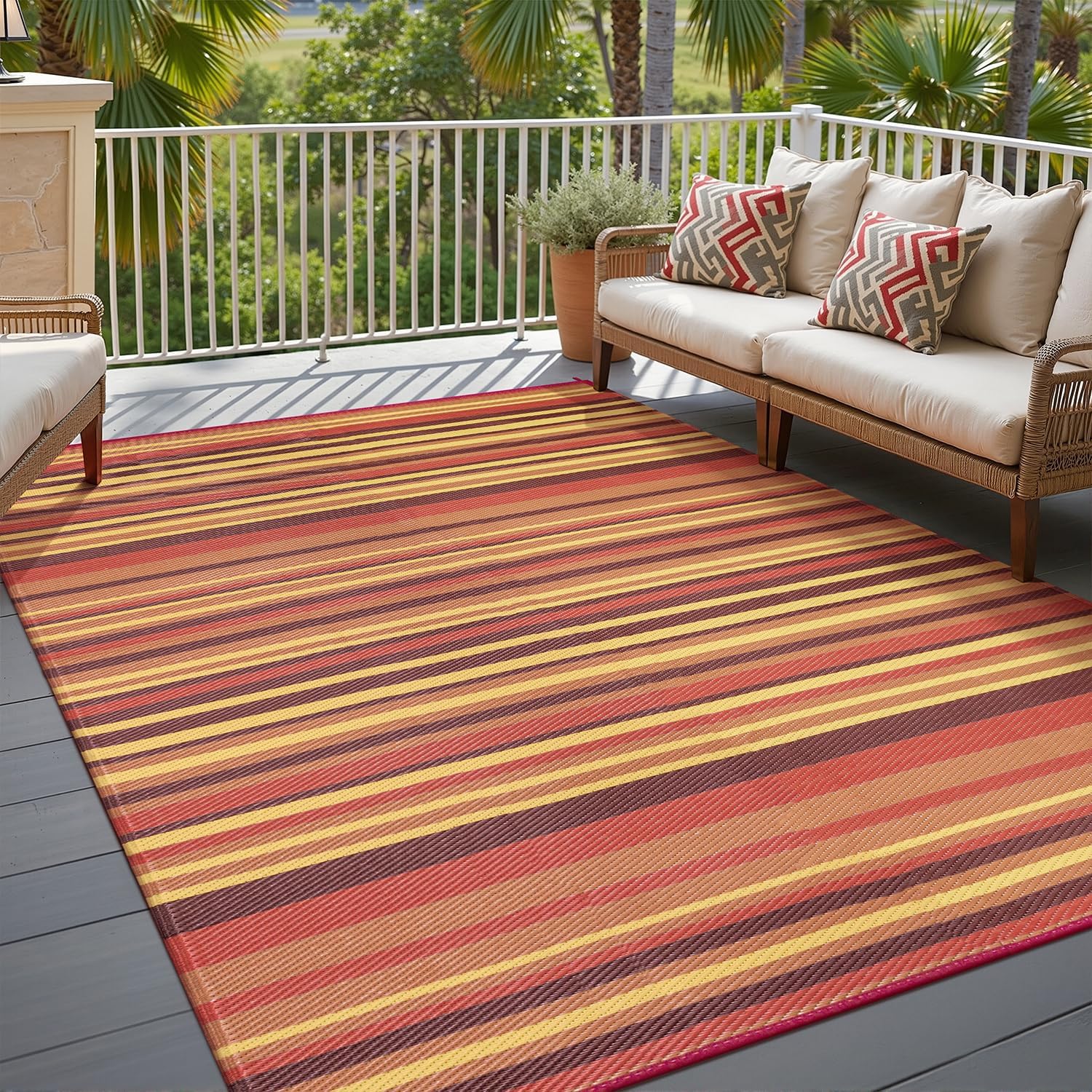 Outdoor Plastic Straw Rug Waterproof Patio 6×9 Red Orange Stripe Mat for Porch Camping RV Balcony Deck Courtyard Reversible Lightweight Durable Portable Carpet