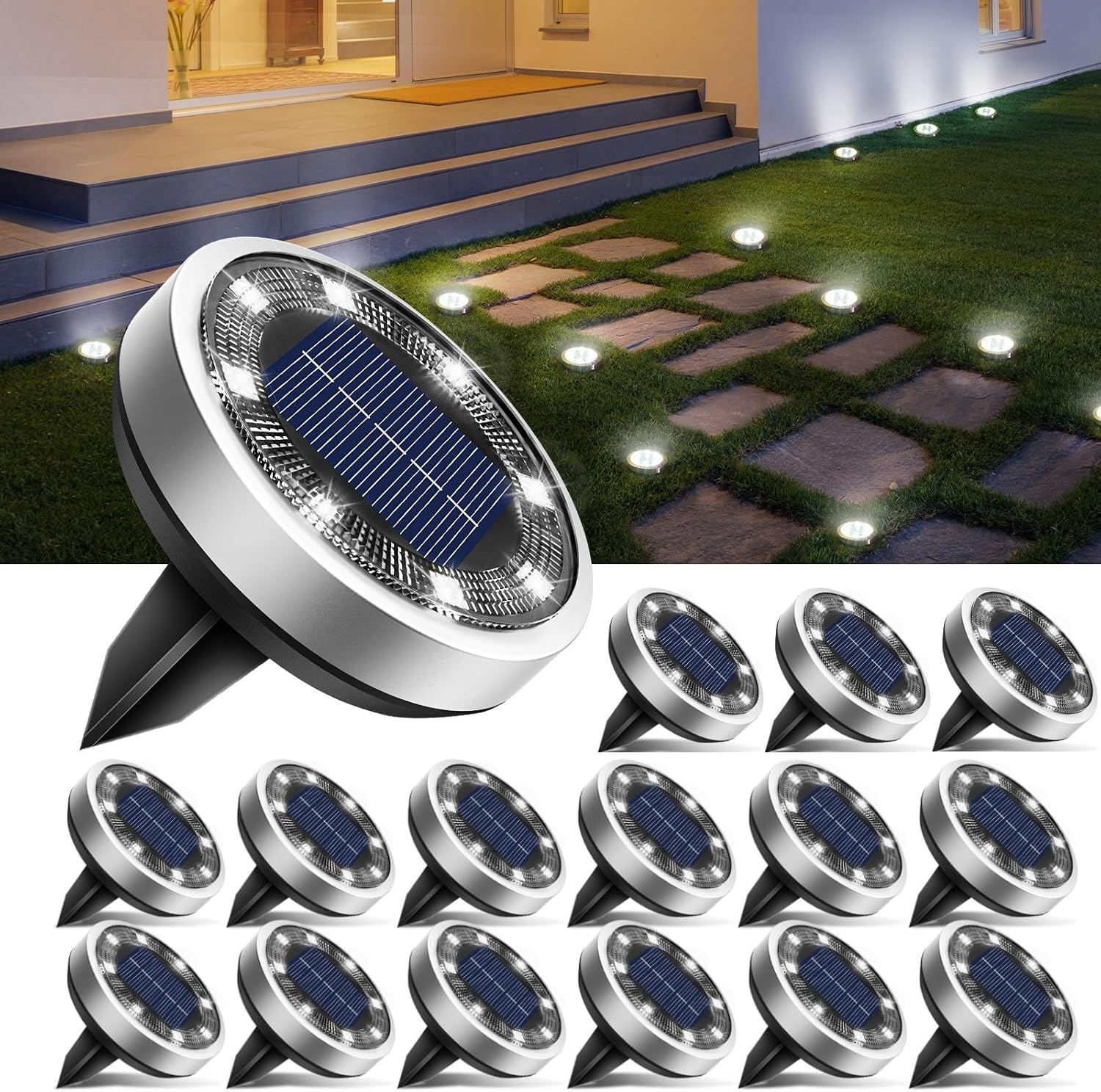 btfarm 16 Pack Solar Lights Outdoor, 8 LED Solar Ground Lights IP65 Waterproof Flat Solar Disc Light, Pathway Lights for Garden Lawn Patio Yard Path Landscape, Cool White