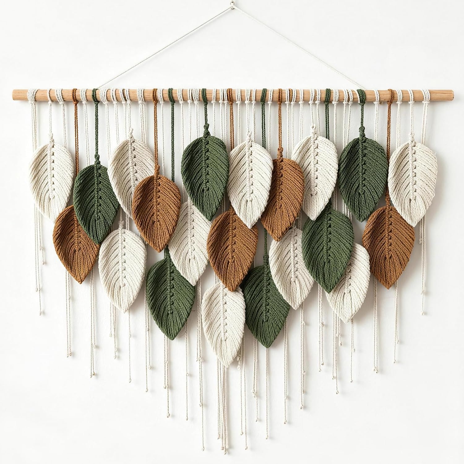 Large Boho Macrame Wall Hanging, Handmade Leaf Tapestry Wall Decor, Sage Green Brown & Cream Woven Leaves Art for Living Room Bedroom Nursery Dorm, Bohemian Farmhouse Home Decoration with Wooden Dowel