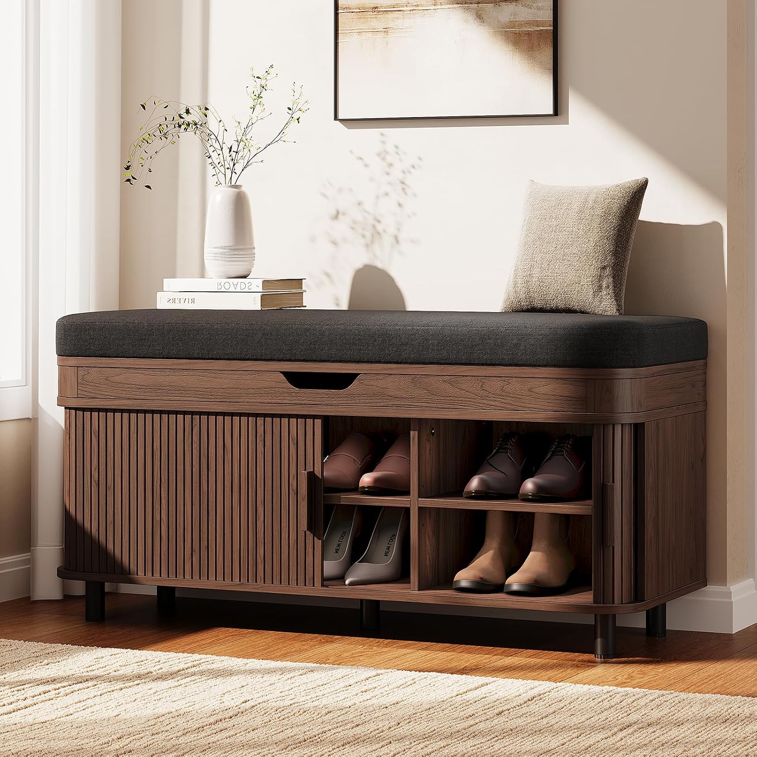 ONBRILL 43.3″ Shoe Storage Bench with Lift Top Storage, Entryway Bench with Storage&Cushion, Fluted Shoe Bench with Sliding Doors, Adjustable Shelf, for Entryway, Hallway, Living Room, Walnut