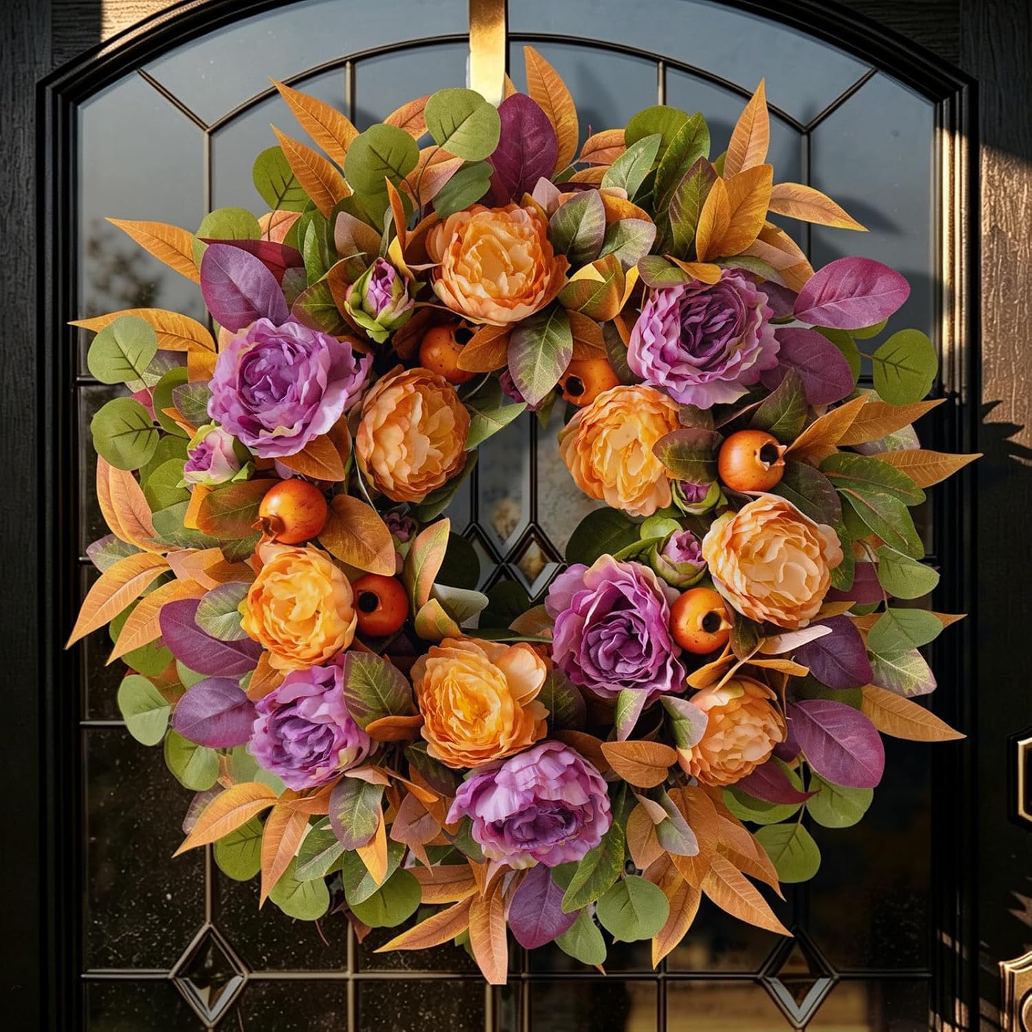 24 Inch Harvest Fall Wreath for Front Door Outside with Orange Purple Peony | Rustic Farmhouse Autumn Eucalyptus Leaf Wreaths- Artificial Silk Thanksgiving Halloween Decor for Porch,Entryway,Mantel,Wall