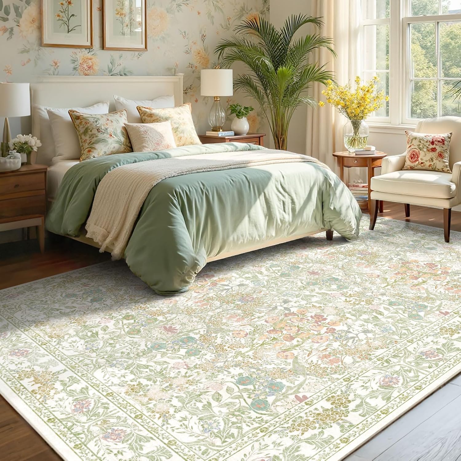 Sage Green Boho Area Rugs for Bedroom Aesthetic 8×10 – Washable Floral Farmhouse Large Rug for Living Room, Dining Room Under Table, Nursery – Soft Cottage Core Carpet with Low Pile & Non Slip