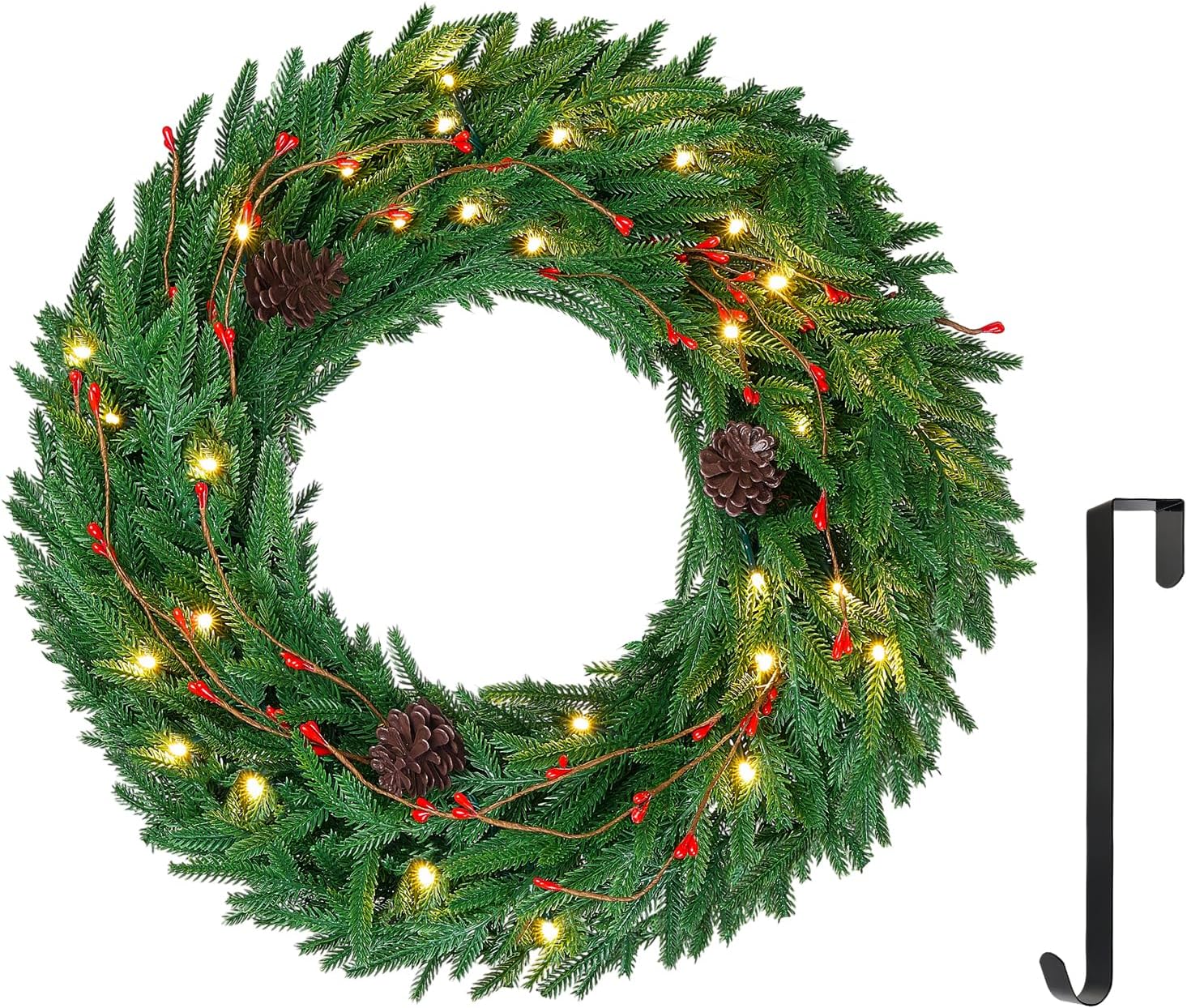 ELYKEN 22” Christmas Wreath with 30 LED Lights for Front Door | Xmas Wreath with Hanger, Pre-Lit Artificial Wreath Christmas Decorations with Red Berry Pine Cone for Indoor Outdoor Use